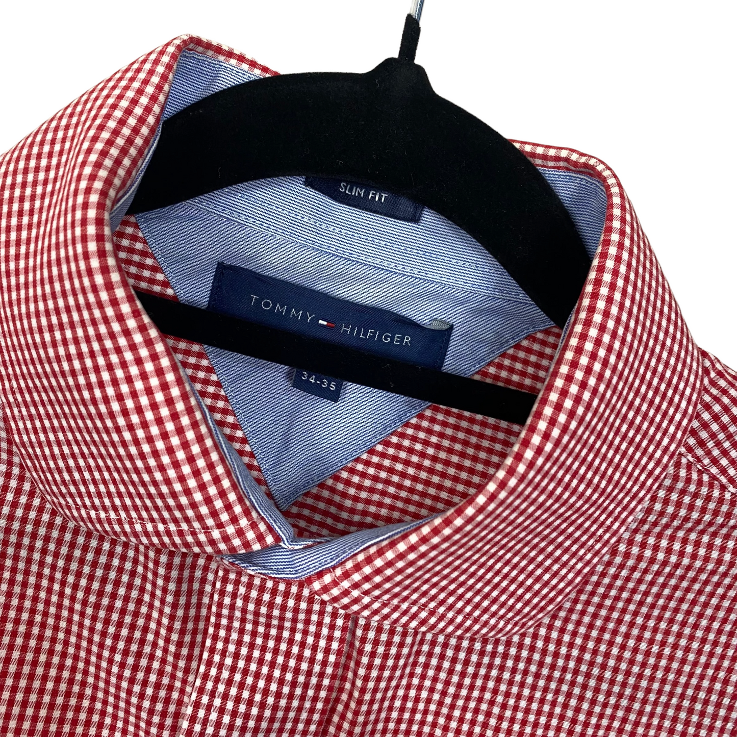 Tommy Hilfiger Red White Checkered Slim Long Sleeve Button Up Business Polo Dress Shirt 34/35 C102