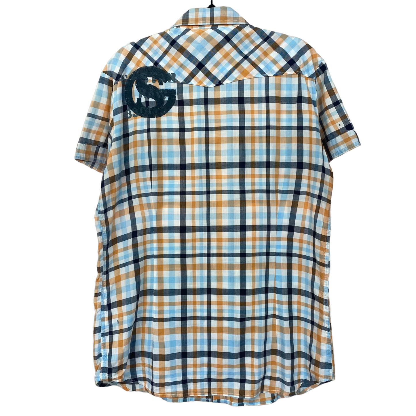 G-Star Blue Black Orange White Checkered Slim Fit Short Sleeve Button Up Business Polo Dress Shirt L C106