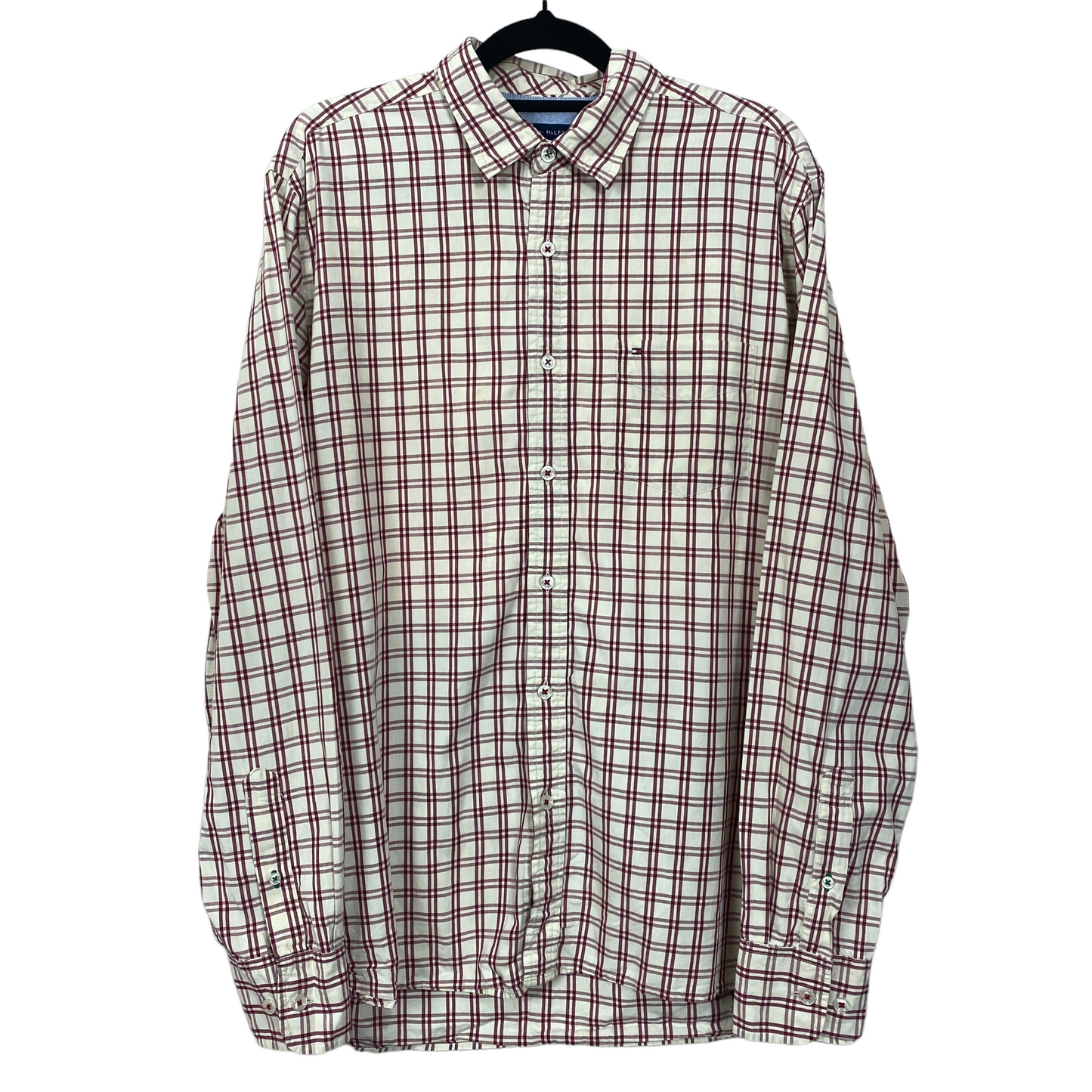 Tommy Hilfiger Cream Beige Red Long Sleeve Button Up Business Polo Dress Shirt M C110