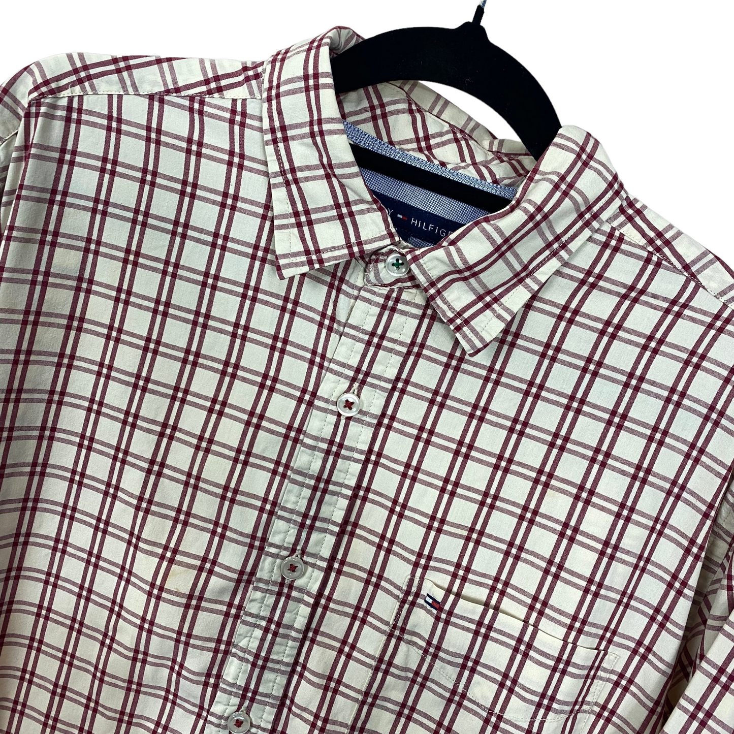 Tommy Hilfiger Cream Beige Red Long Sleeve Button Up Business Polo Dress Shirt M C110