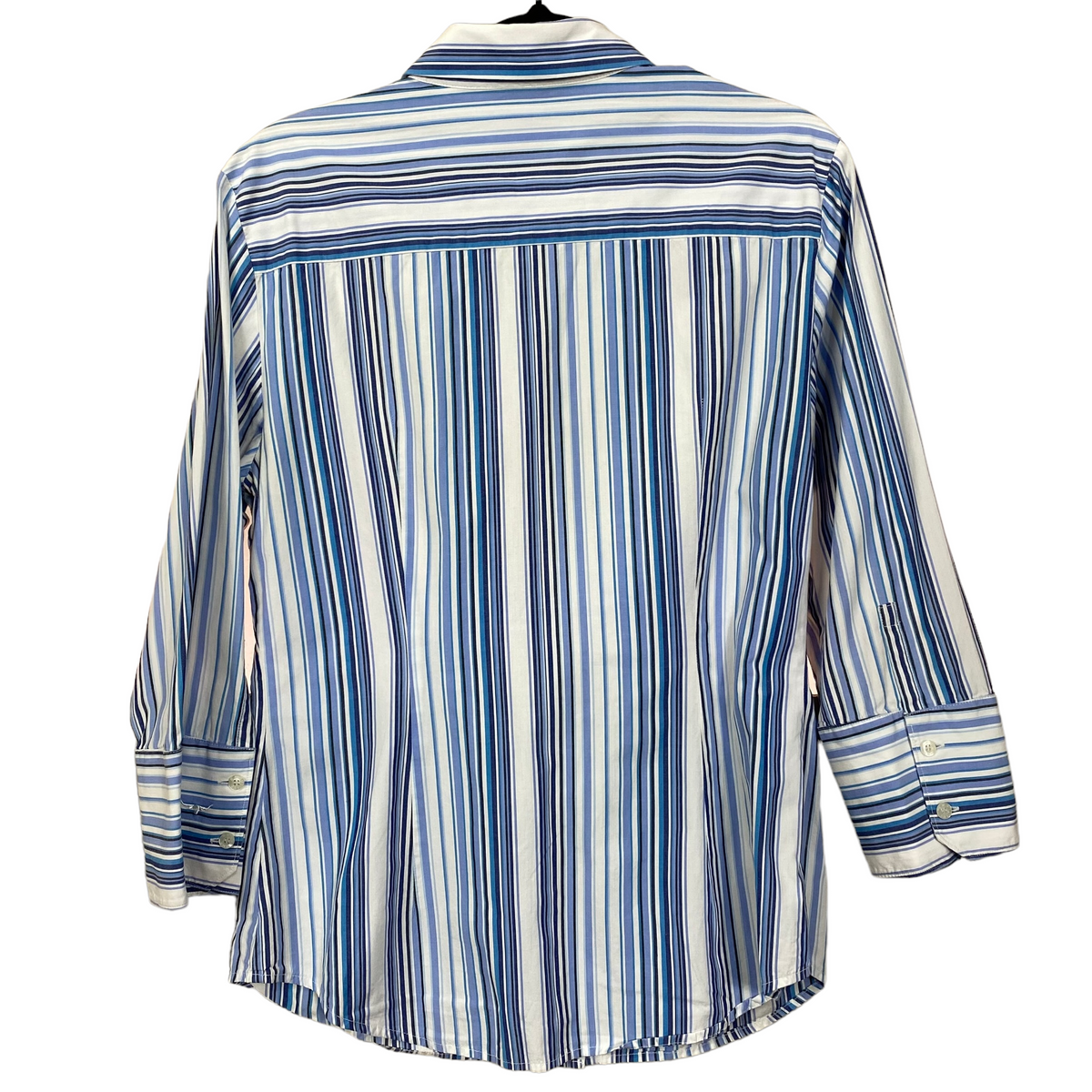 R.M. Williams White Blue Black Striped Womens 3/4 Sleeve Button Up Business Polo Dress Shirt 10 C96