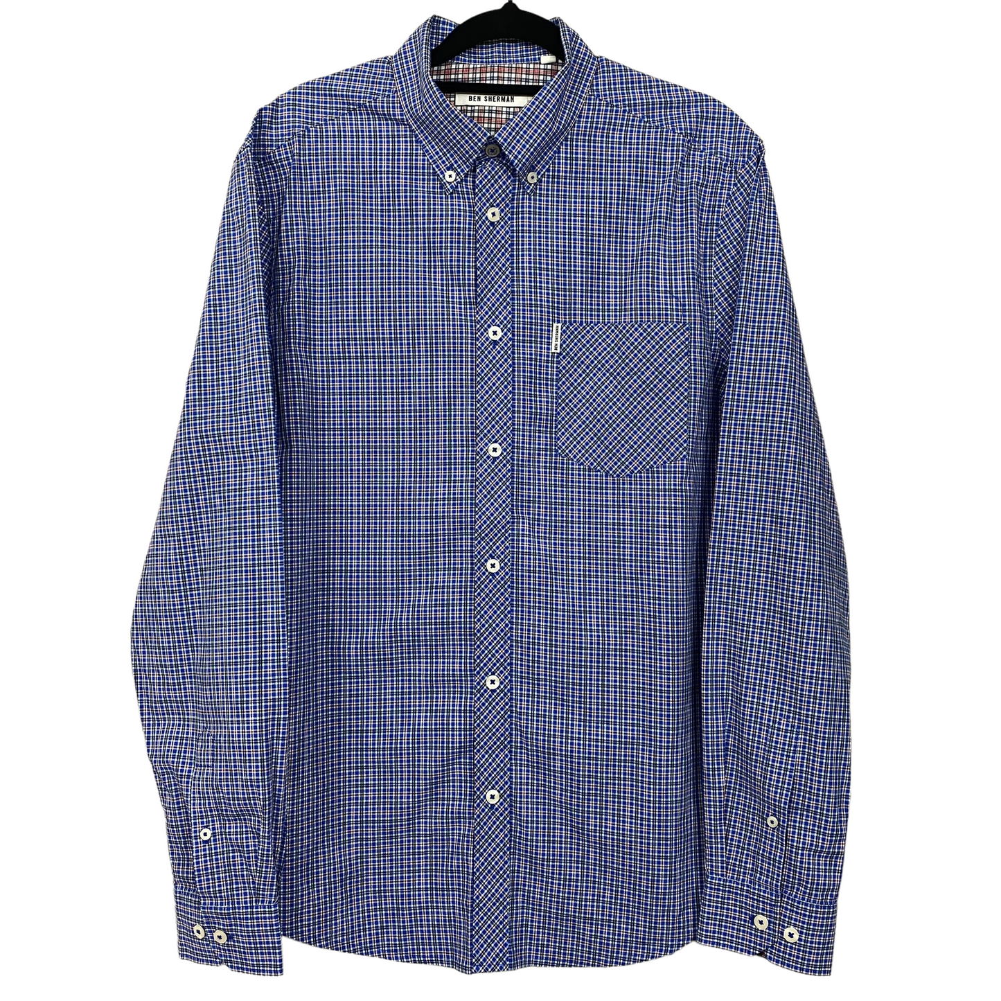 Ben Sherman Blue Red White Checkered Long Sleeve Button Up Business Polo Dress Shirt L C110