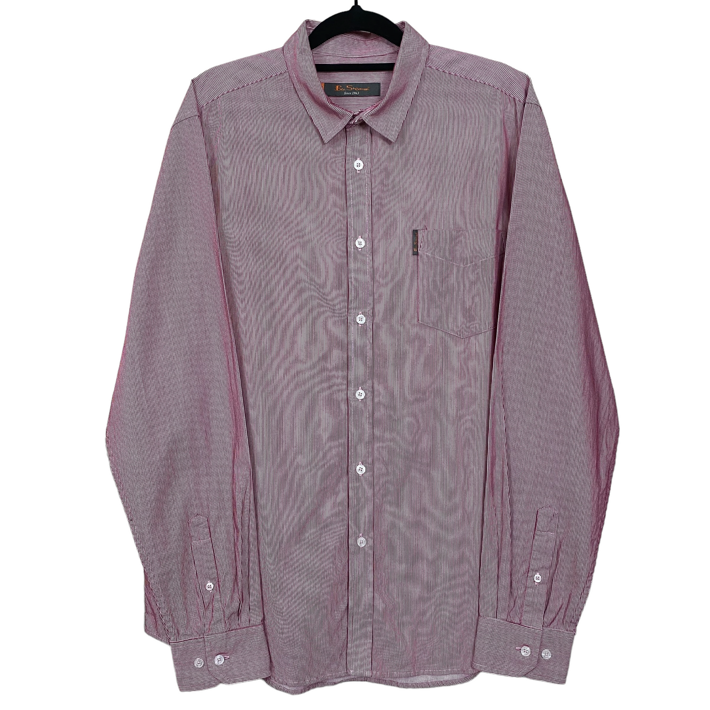 Ben Sherman Red White Striped 100% Cotton Long Sleeve Button Up Business Polo Dress Shirt XL C118