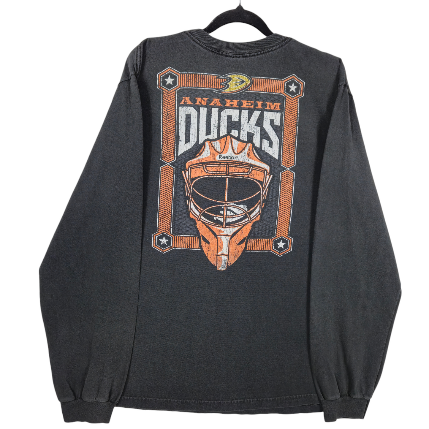 Vintage Reebok NHL Anaheim Ducks Dark Grey Long Sleeve Cotton Tee Shirt Size L