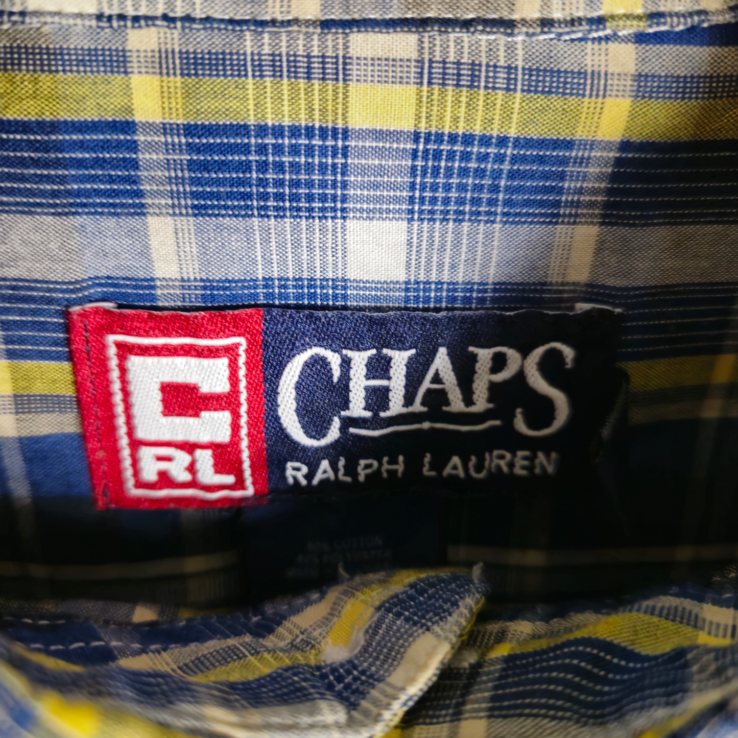 Vintage Ralph Lauren Chaps 90's Blue White & Yellow Checkered Dress Shirt Size L