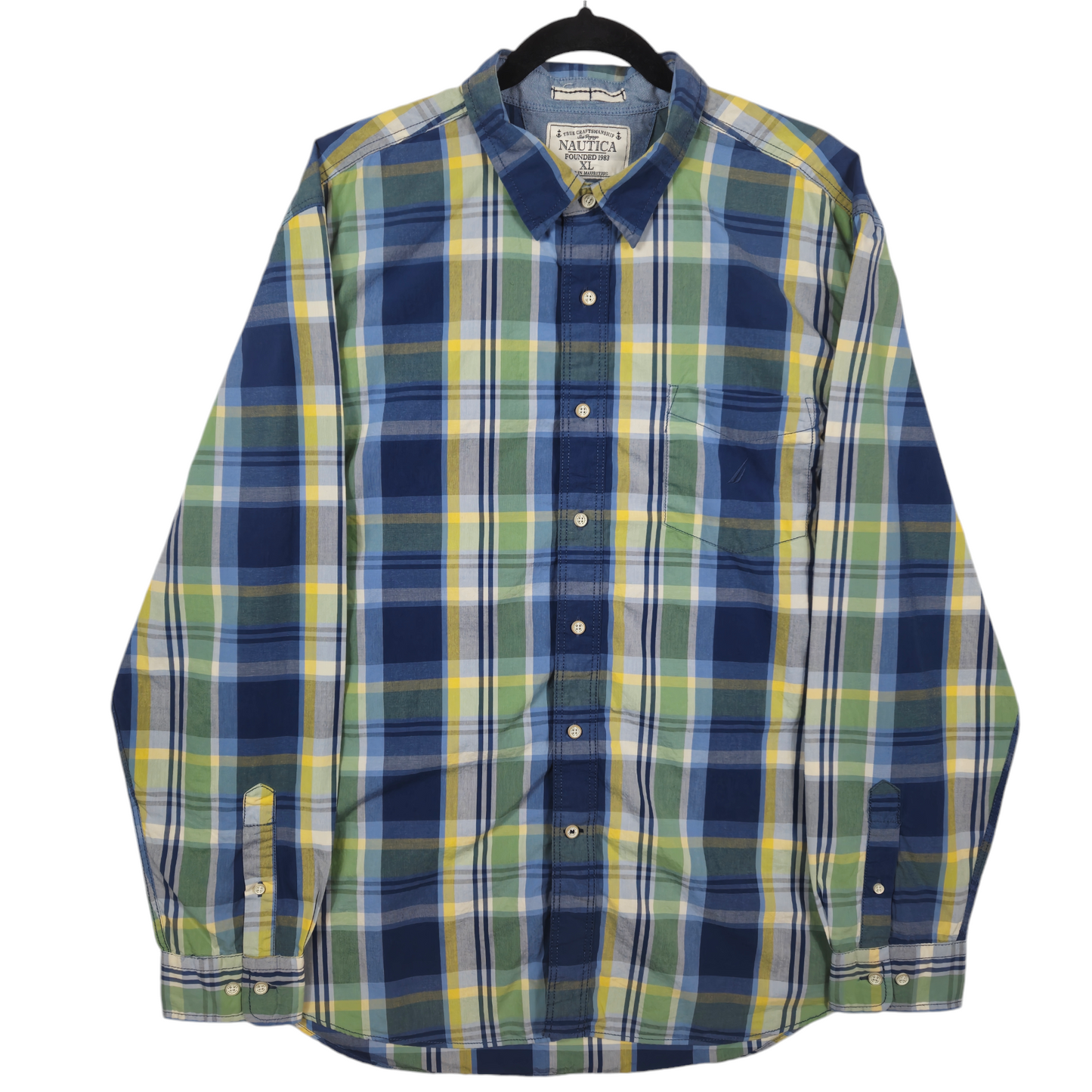 Nautica Blue Yellow & Green Checkered Dress Shirt Size XL