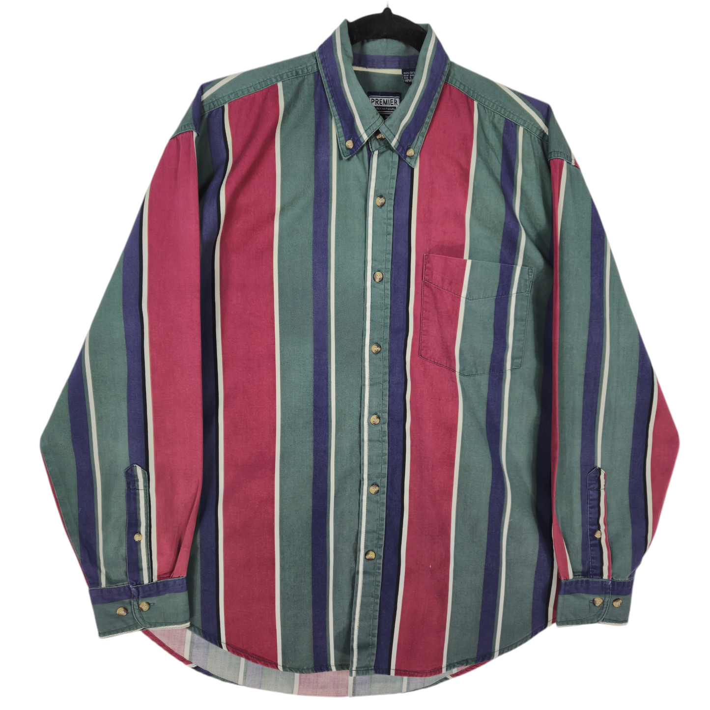 Vintage Premier International 90's Green Blue & Red Striped Button Shirt Size L