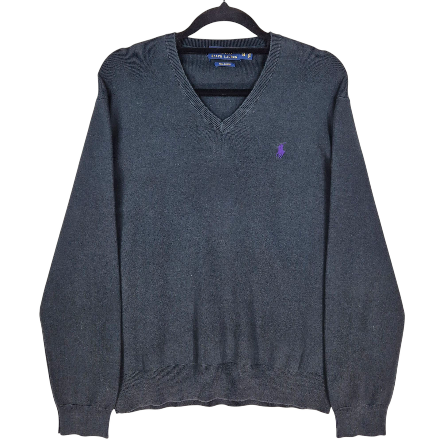 Polo Ralph Lauren Black Pima Cotton V Neck Knit Sweater Size M