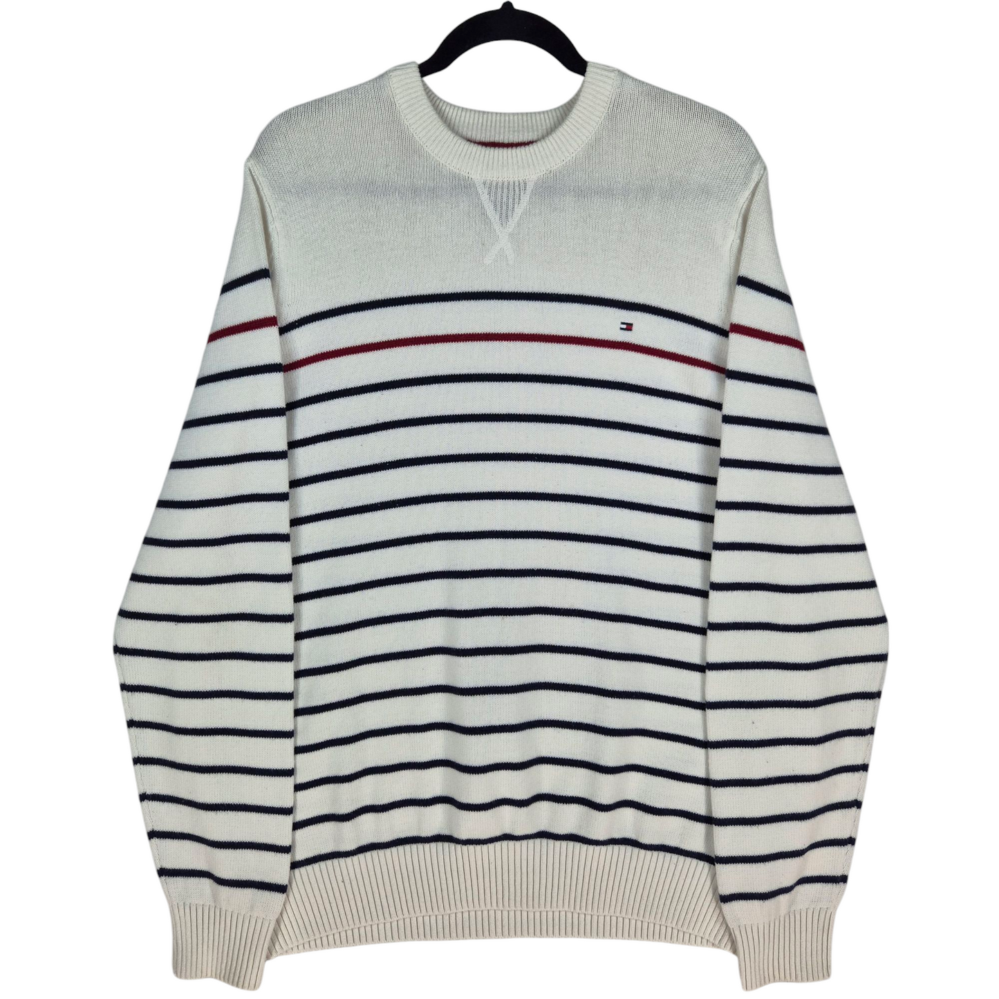 Tommy Hilfiger White Striped Crewneck Knit Sweater Size XL