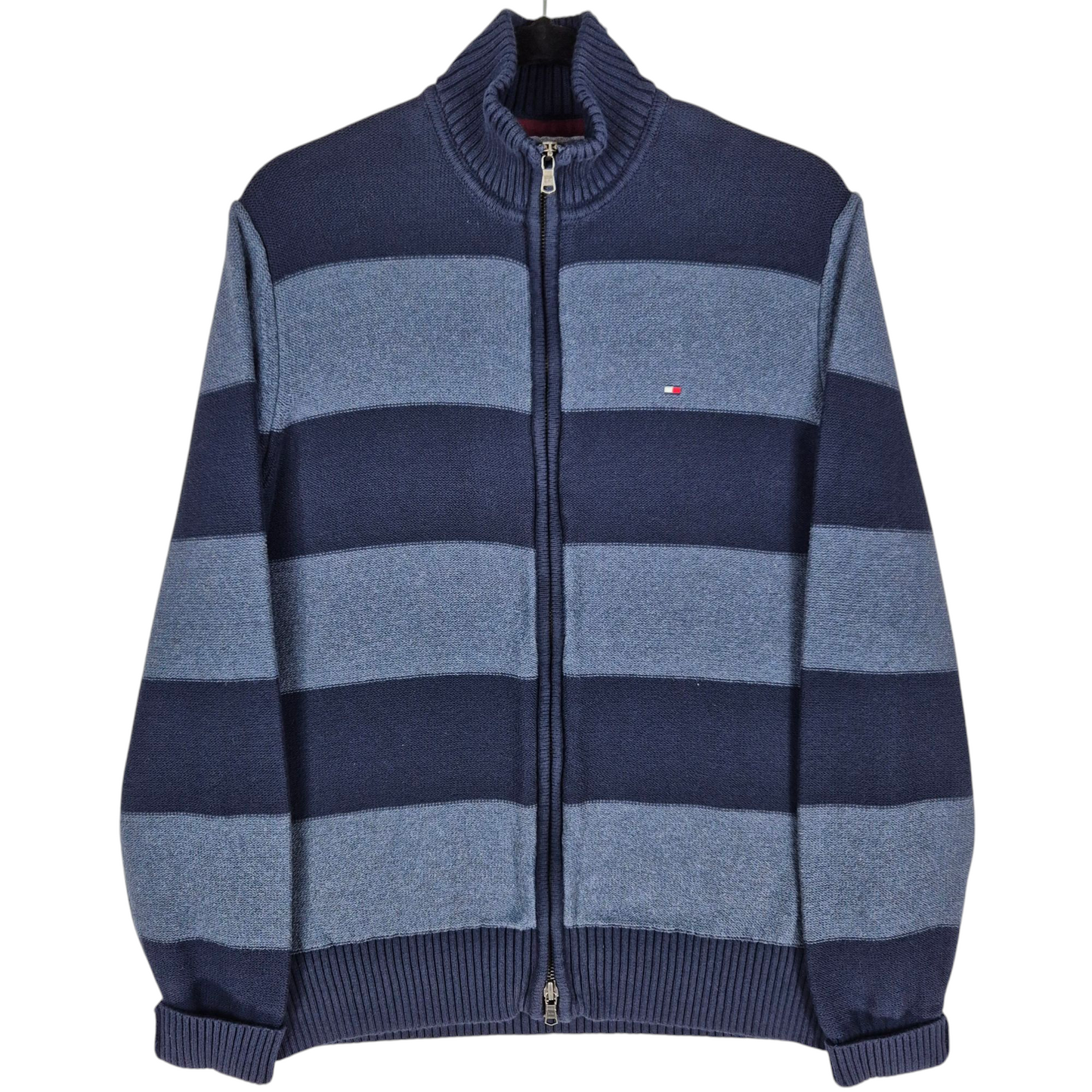 Tommy Hilfiger Dark Blue Striped Full Zip Knit Sweater Size M