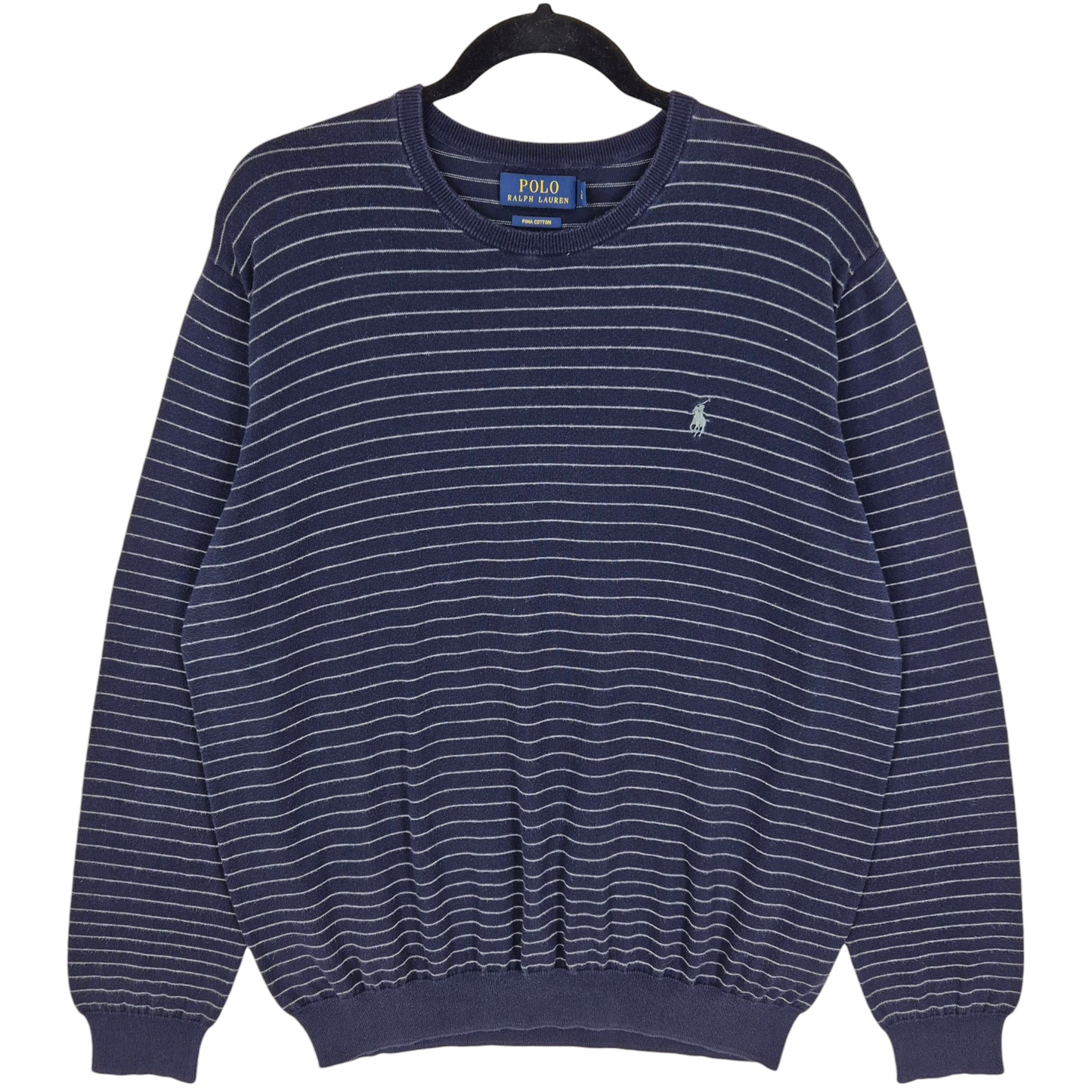 Tommy Hilfiger Dark Blue Striped Pima Cotton Crewneck Knit Sweater Size L