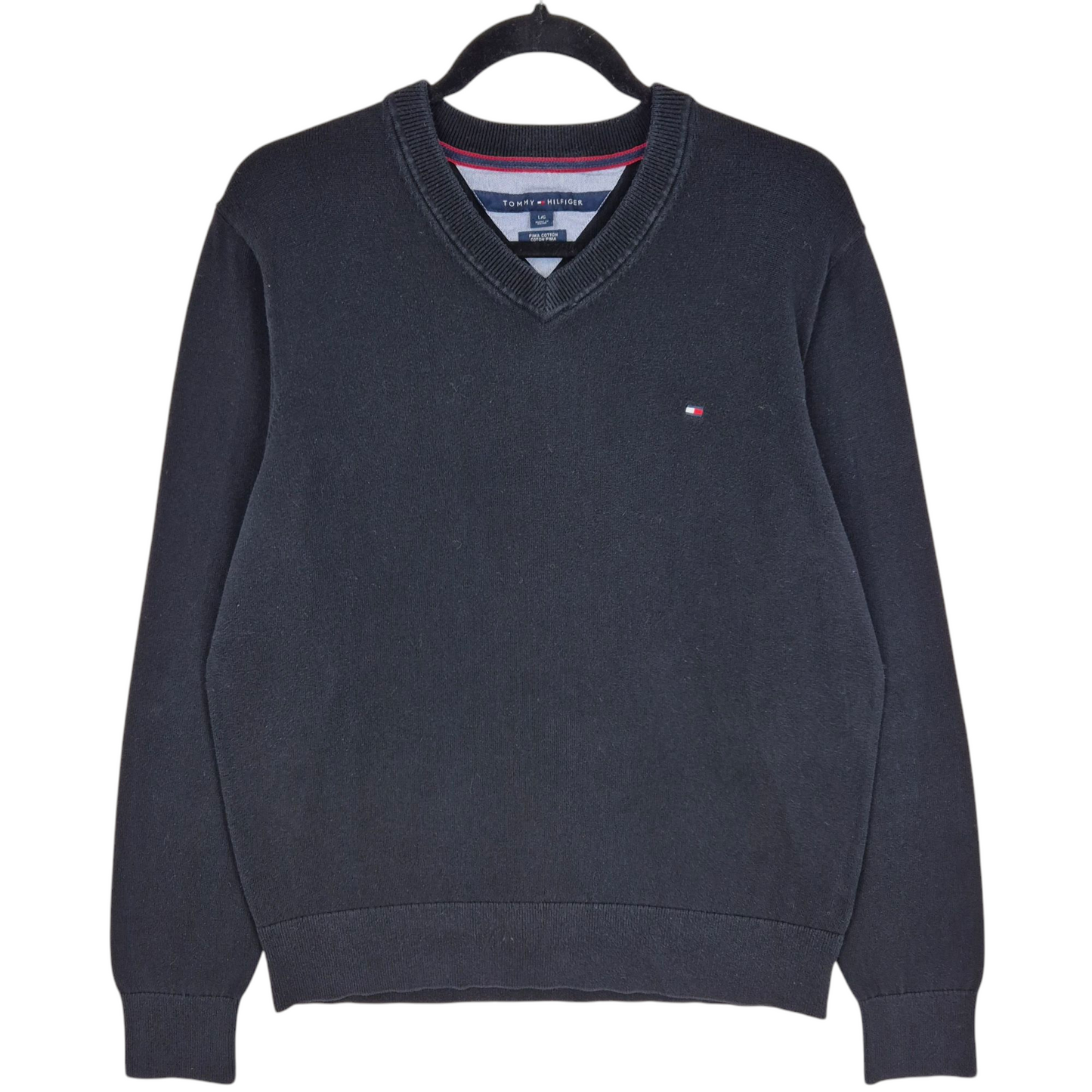 Tommy Hilfiger Black Pima Cotton V Neck Knit Sweater Size L