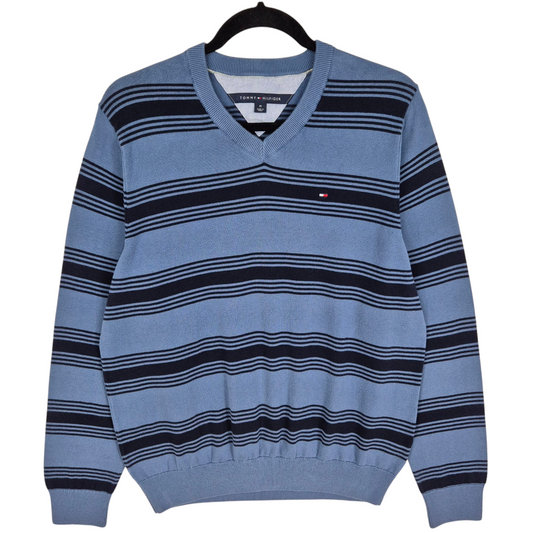 Tommy Hilfiger Steel Blue Striped V Neck Knit Sweater Size M