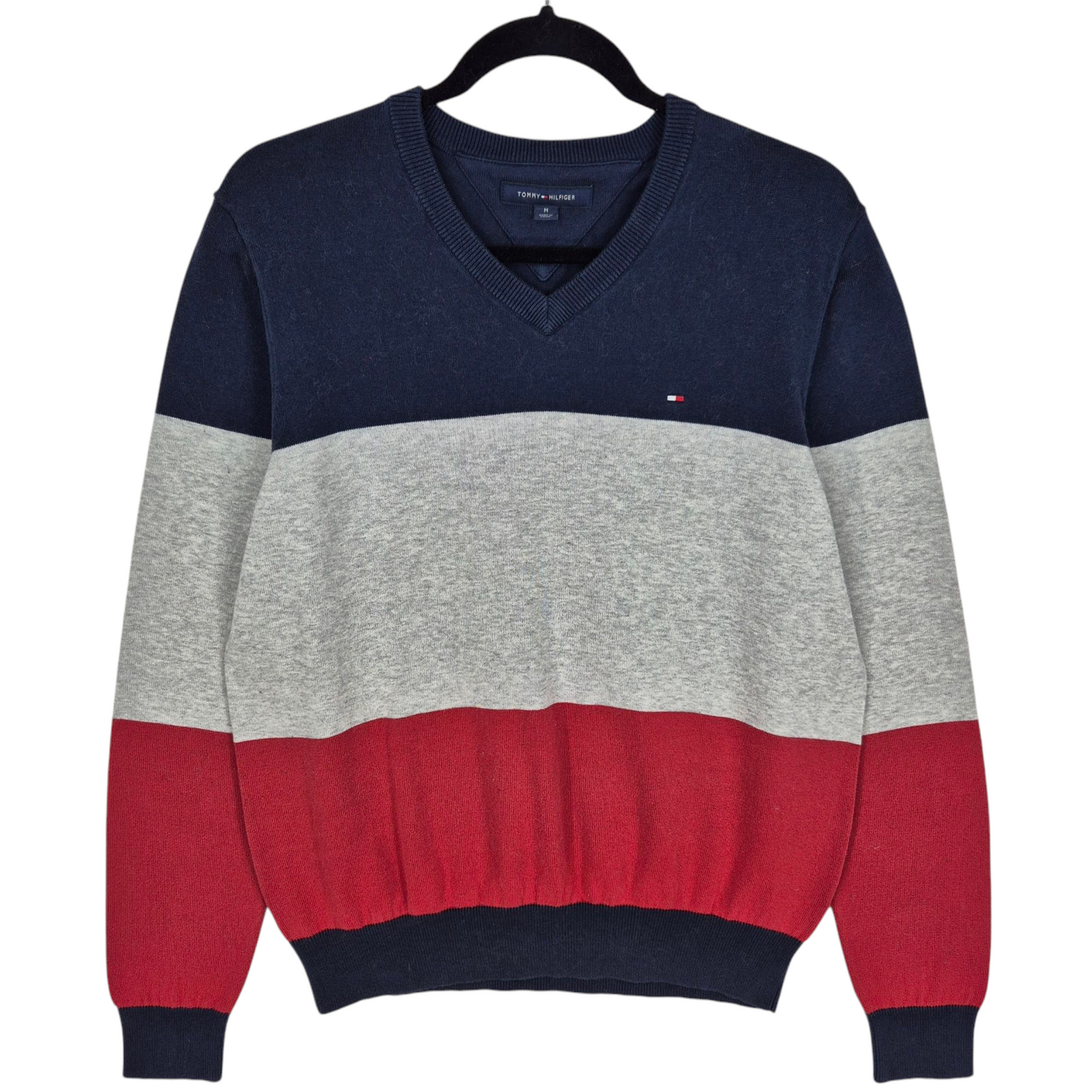 Tommy Hilfiger Blue Grey & Red Crewneck Knit Sweater Size M