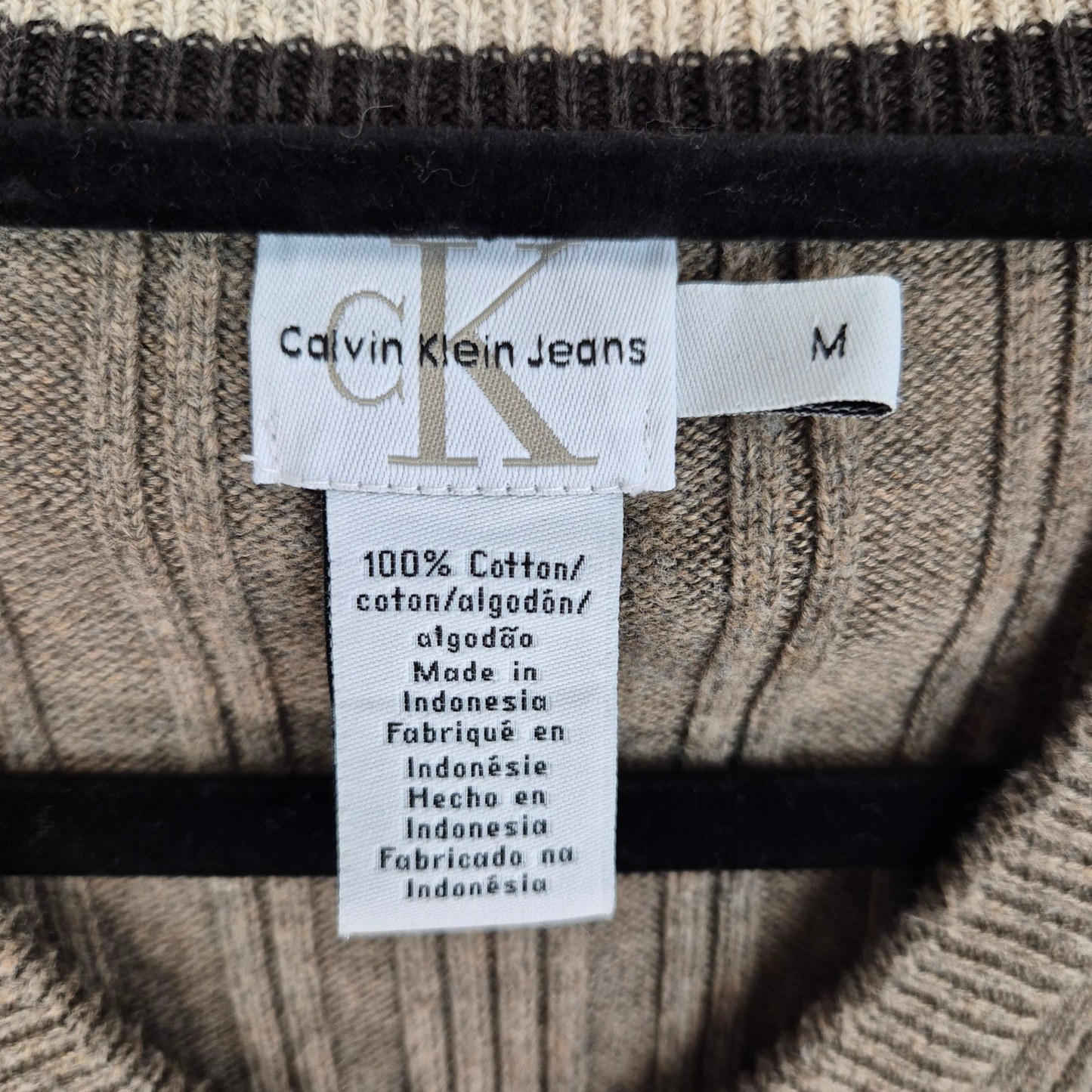 Vintage Calvin Klein Jeans 90's Brown V Neck Cable Knit Sweater Size M