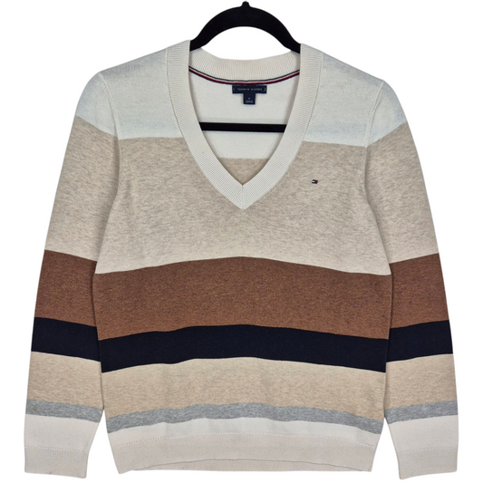 Tommy Hilfiger Womens White & Brown Striped V Neck Knit Sweater Size M