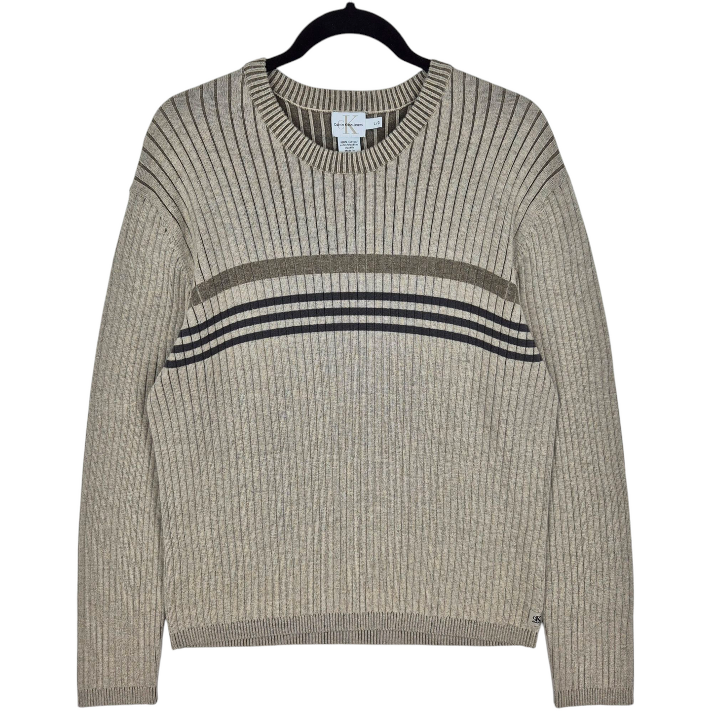 Vintage Calvin Klein 90's Oat Brown Crewneck Cable Knit Sweater Size L