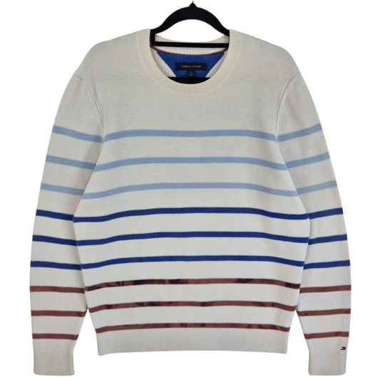 Tommy Hilfiger White Striped Crewneck Knit Sweater Size L