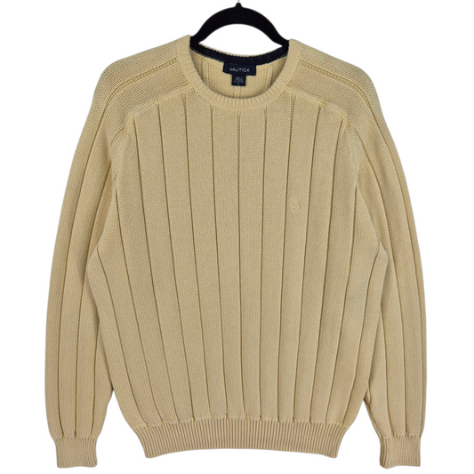 Vintage Nautica Cream Brown Heavy Cable Knit Sweater Size L