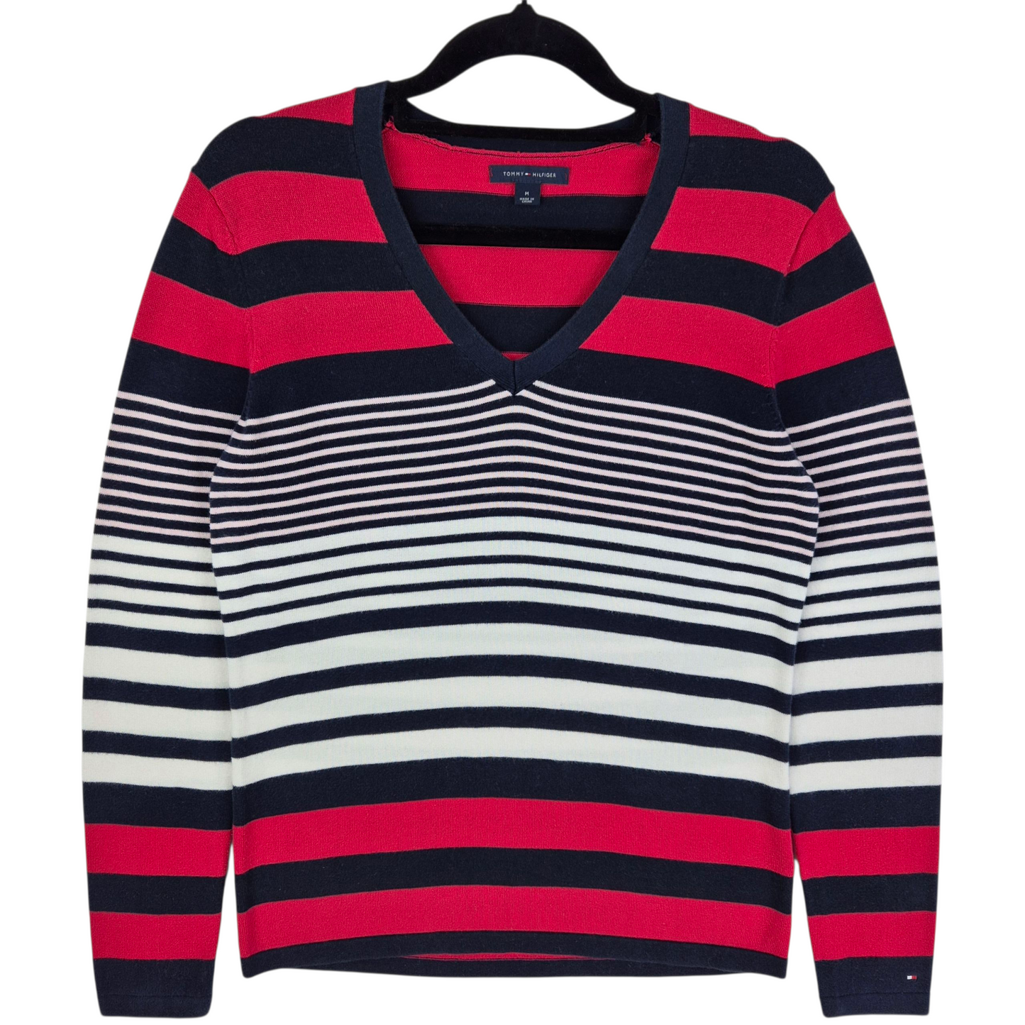 Tommy Hilfiger Womens Red White & Blue Striped V Neck Knit Sweater Size M