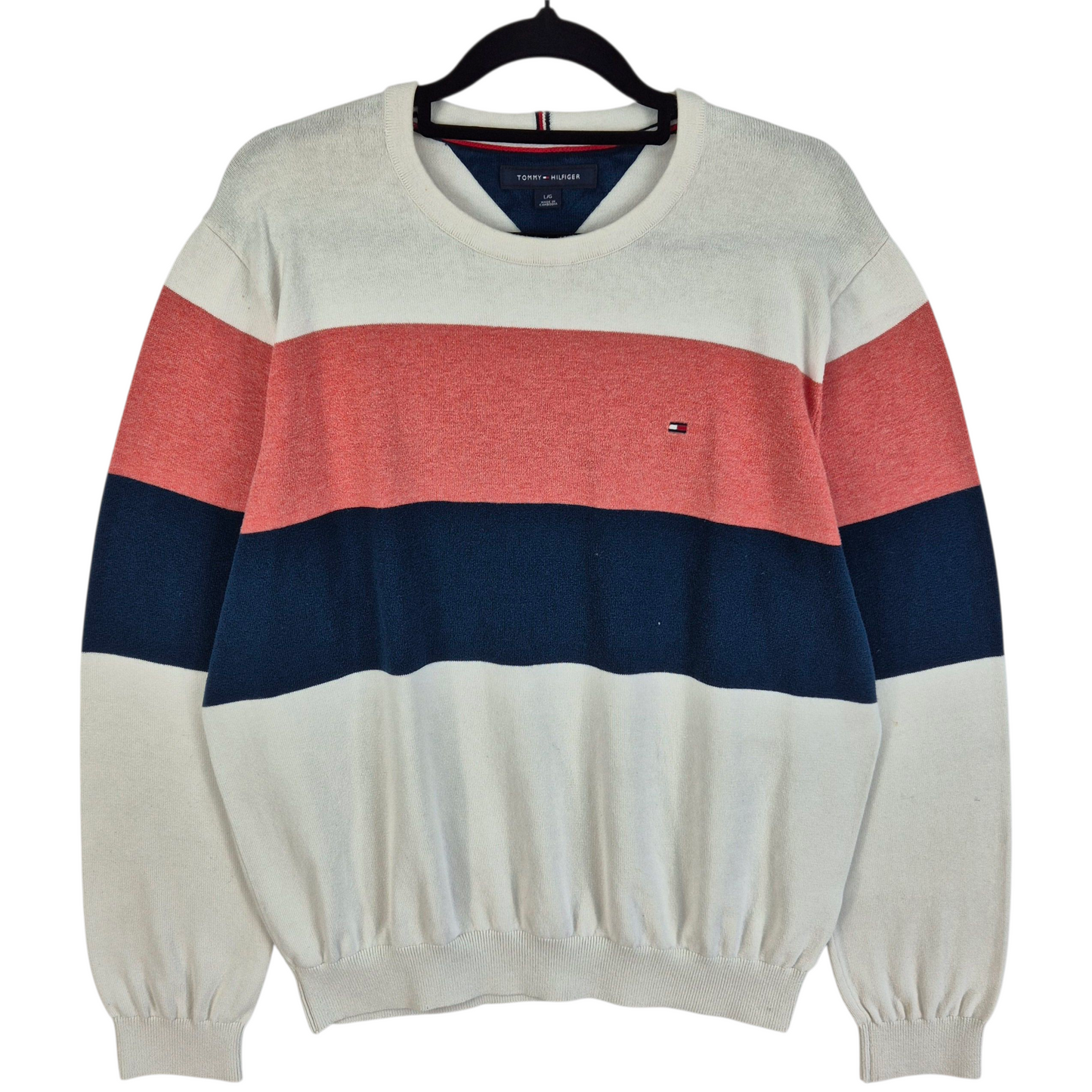 Tommy Hilfiger White Blue & Coral Red Crewneck Knit Sweater Size L