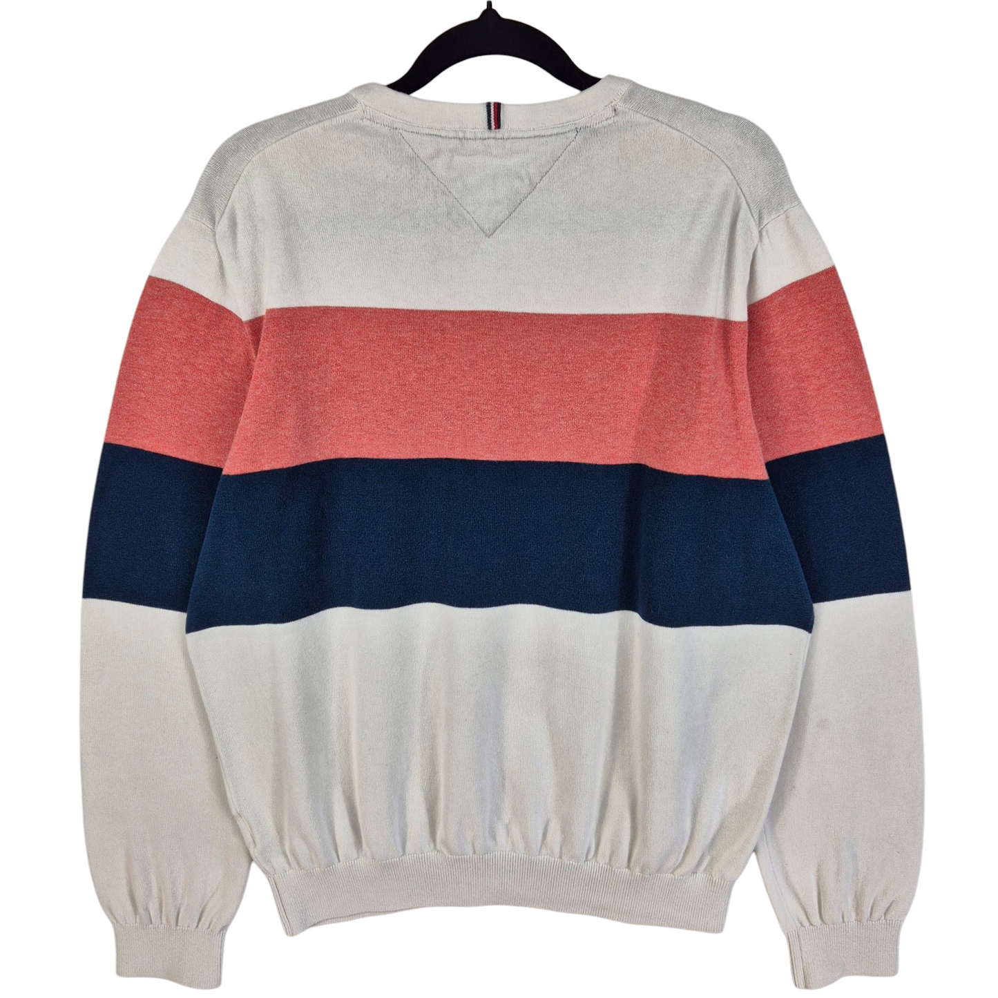 Tommy Hilfiger White Blue & Coral Red Crewneck Knit Sweater Size L