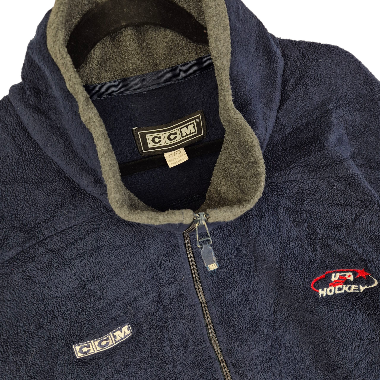 Vintage CCM USA Hockey 90's Dark Blue Fleece Zip Jumper Size XL
