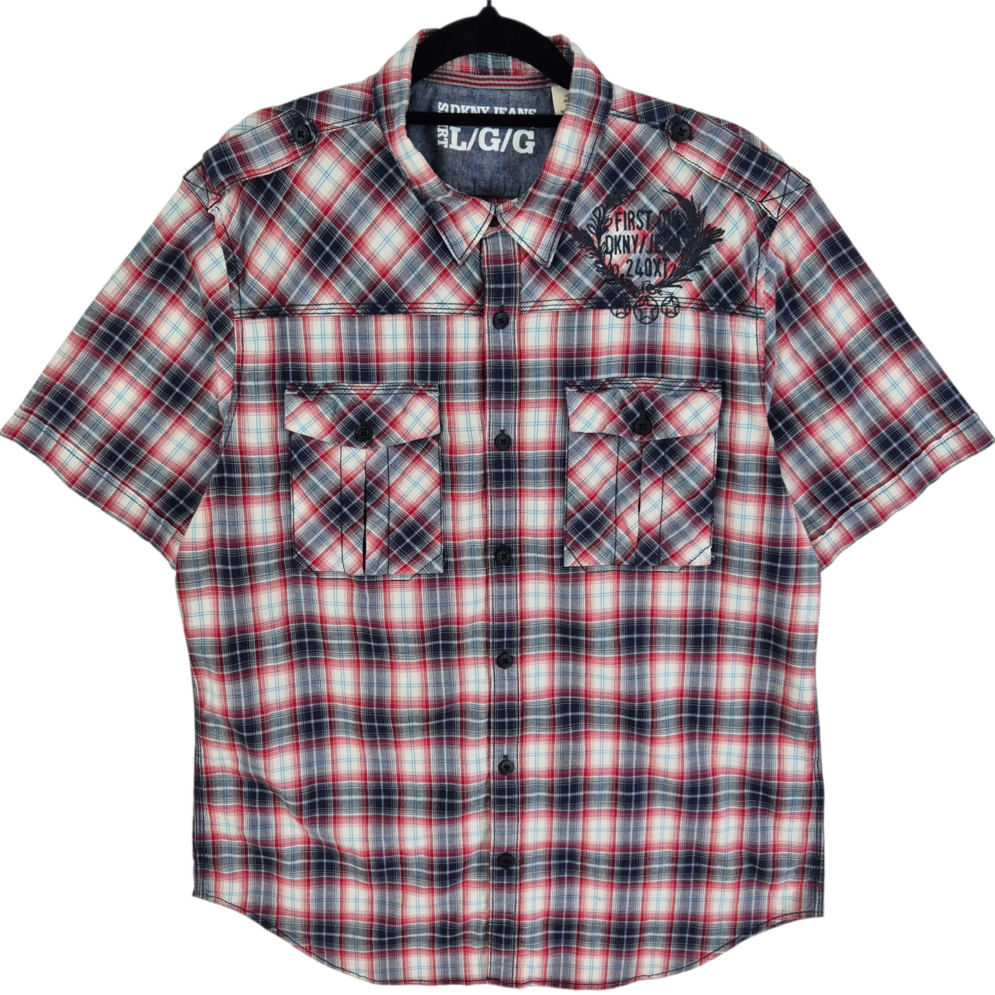 DKNY Jeans Red & Blue Checkered Short Sleeve Button Shirt Size L