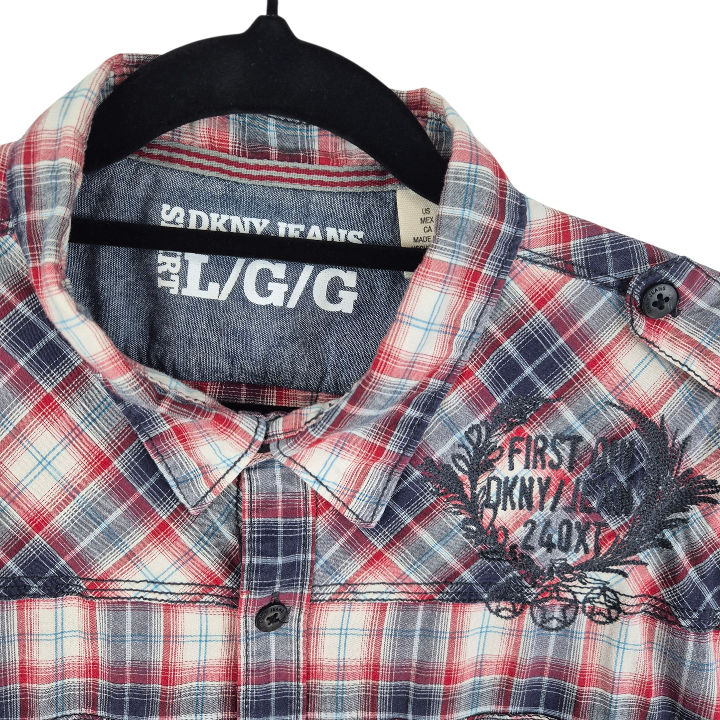 DKNY Jeans Red & Blue Checkered Short Sleeve Button Shirt Size L