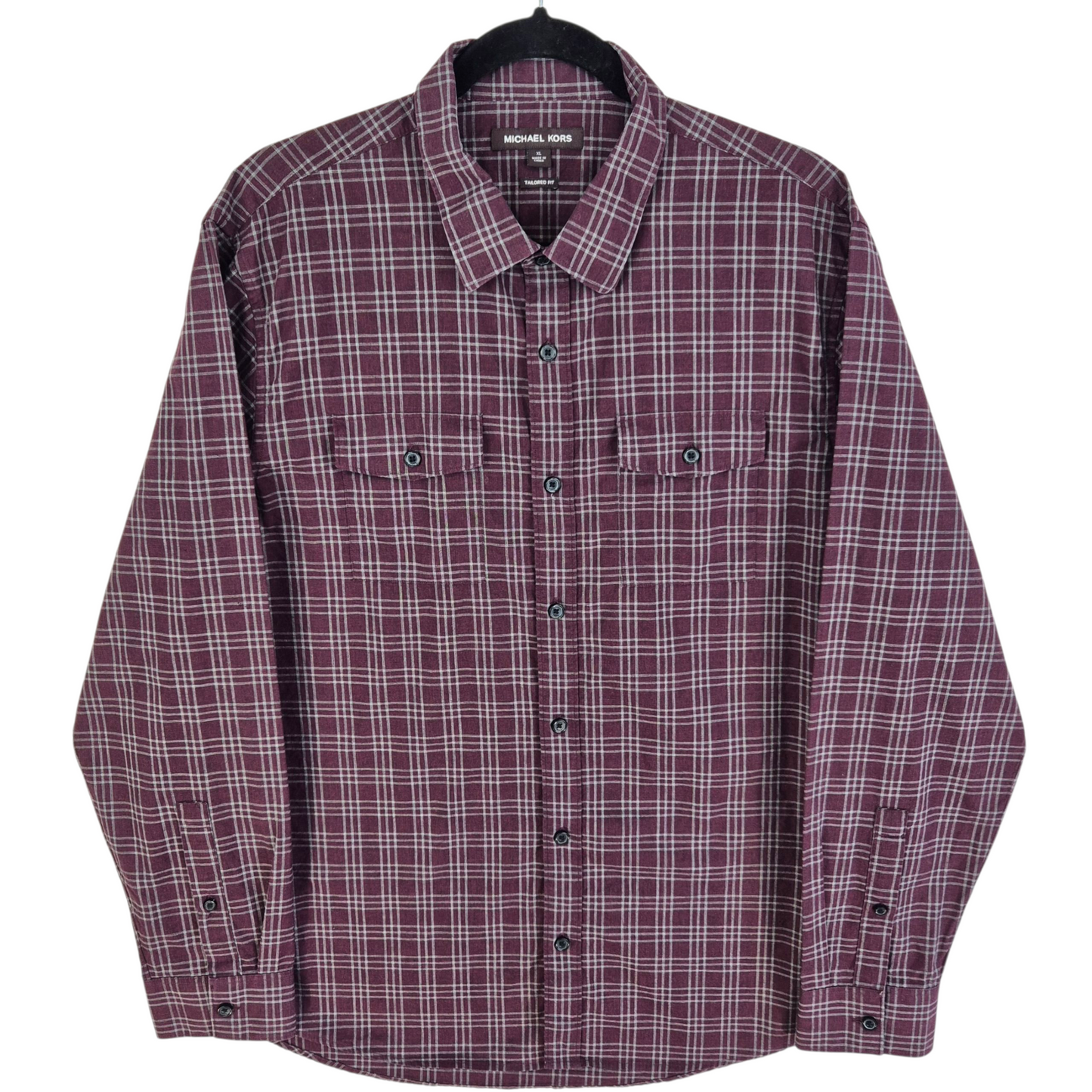 Michael Kors Burgundy Checkered Tailored Fit Dress Shirt Size XL