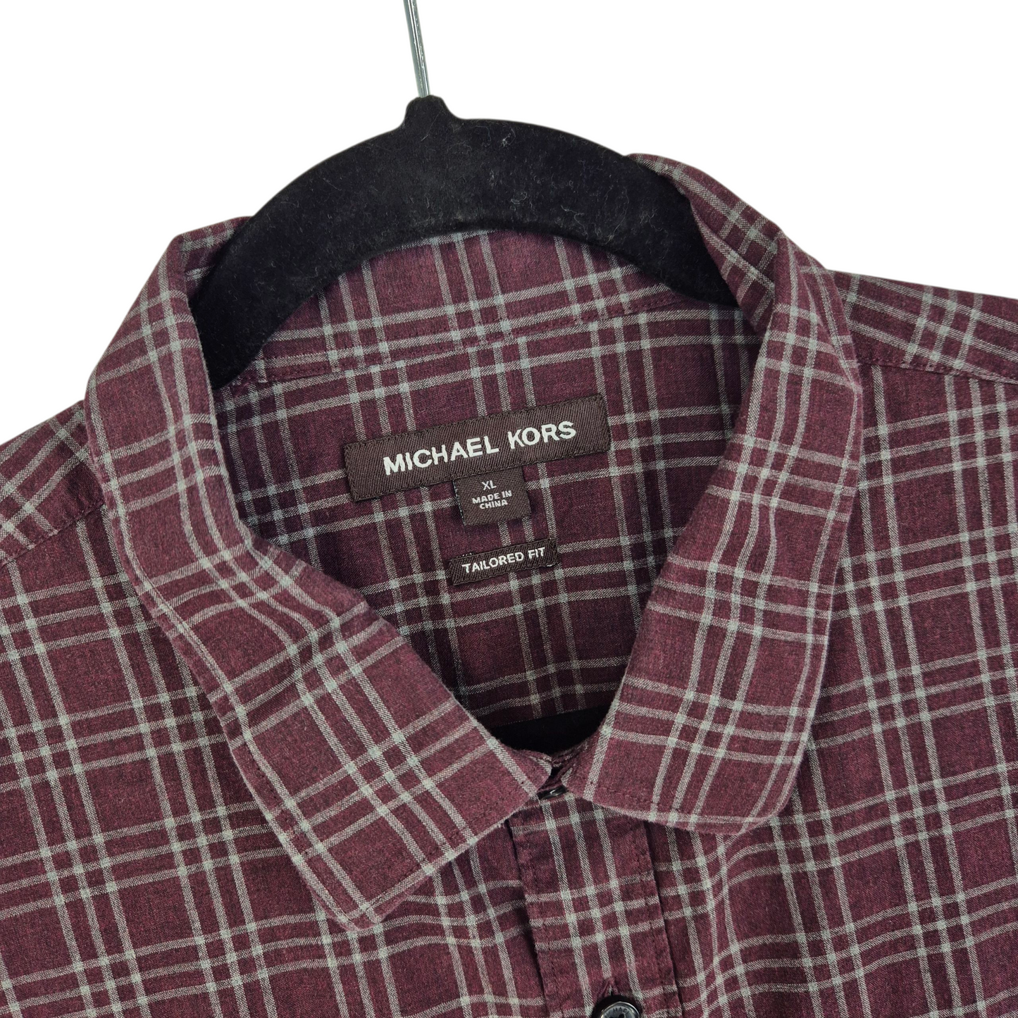 Michael Kors Burgundy Checkered Tailored Fit Dress Shirt Size XL