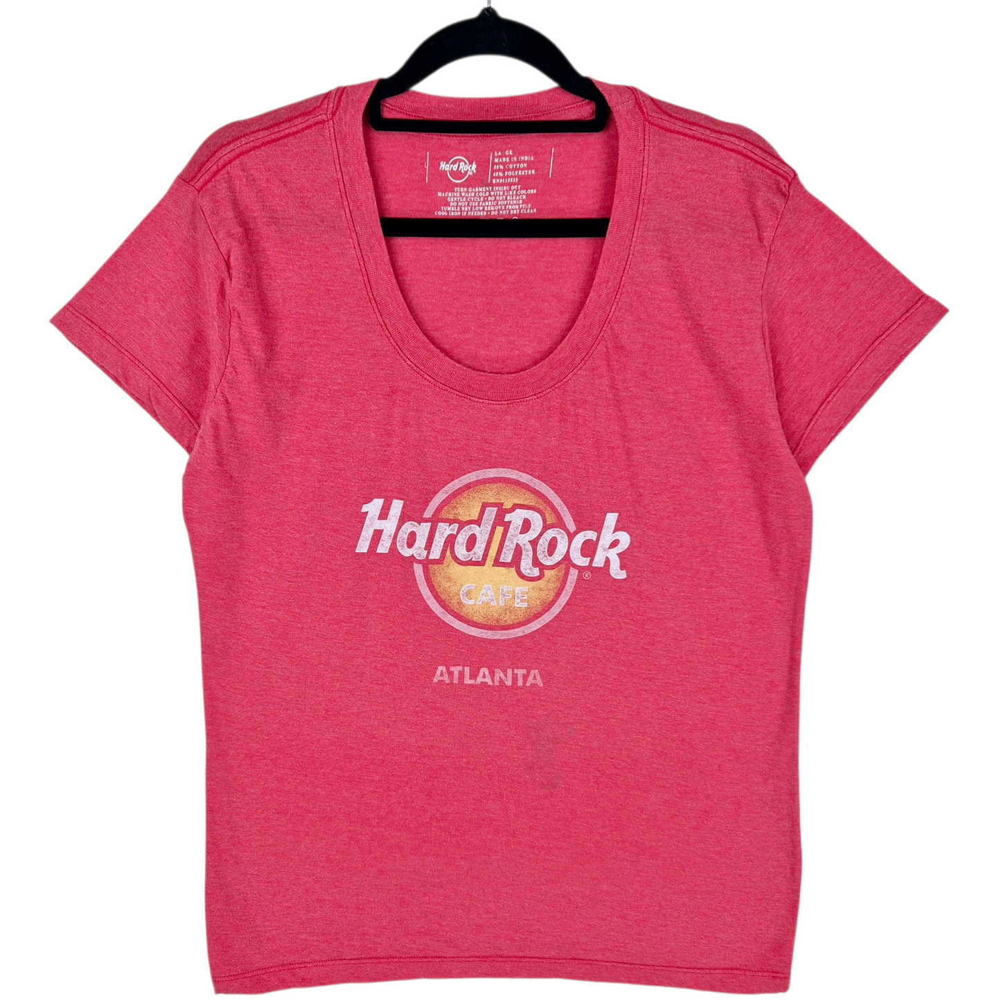 Hard Rock Cafe Atlanta Womens Peach Pink Stretch Tee Shirt Size L