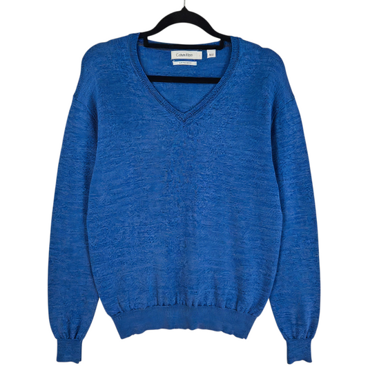 Calvin Klein Blue Merino Wool V Neck Knit Sweater Size L