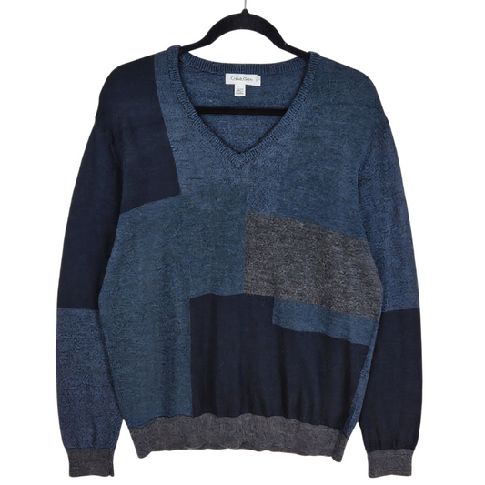 Calvin Klein Dark Blue & Grey Merino Wool & Acrylic V Neck Knit Sweater Size L