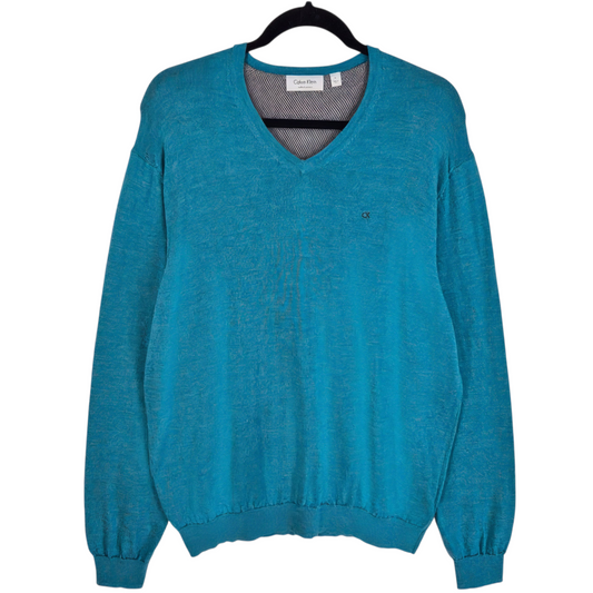 Calvin Klein Blue Italian Merino Wool V Neck Knit Sweater Size XL