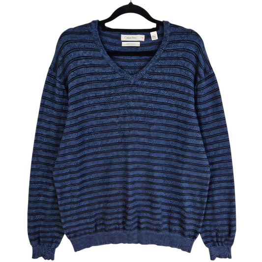 Calvin Klein Dark Blue Striped Merino Wool V Neck Knit Sweater Size XL
