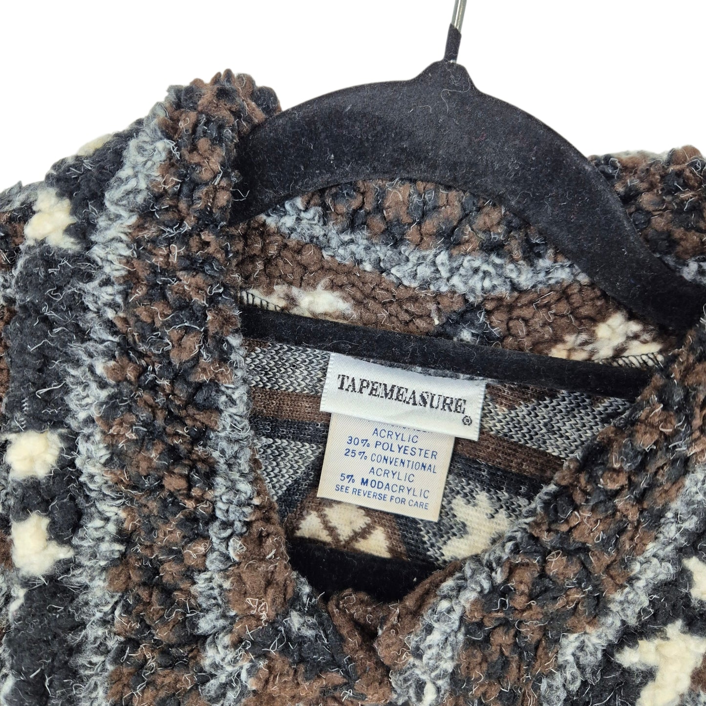 Vintage Tapemeasure 80's Black & Brown Fleece Button Jumper Size L