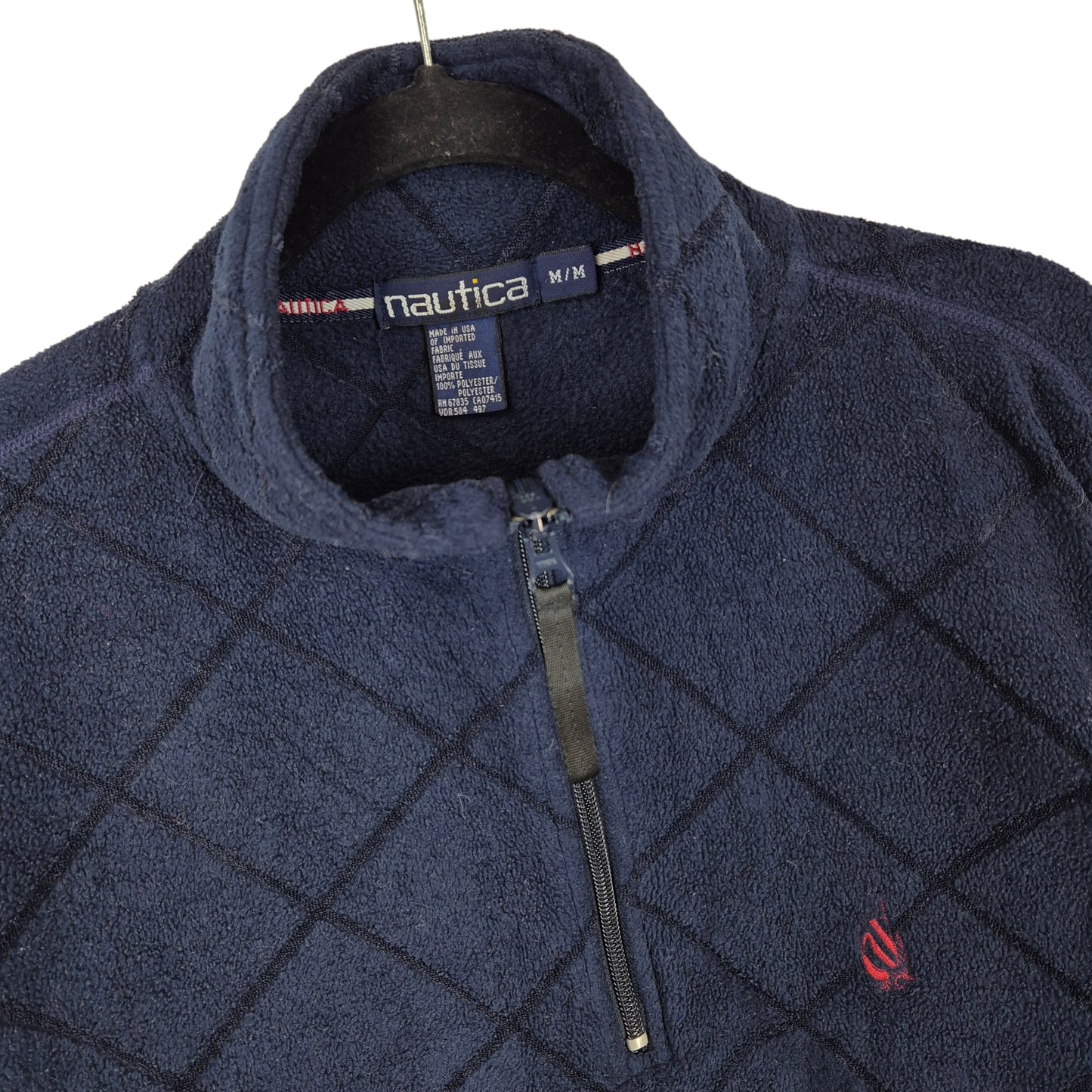 Vintage Nautica 90's Dark Blue Quarter Zip USA Made Diamond Fleece Jumper Size M