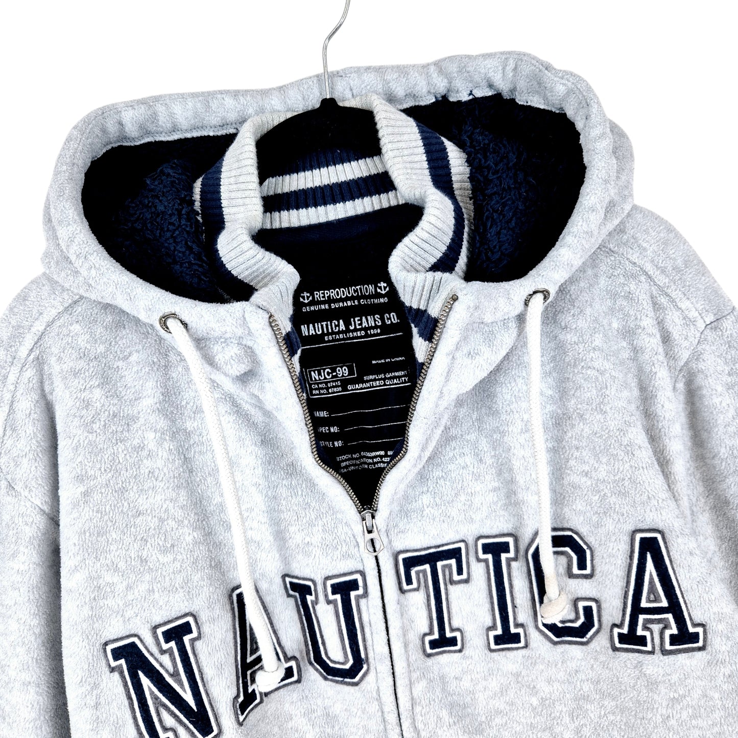 Nautica Light Grey Heavy Embroidered Full Zip Fleece Hoodie Size XL
