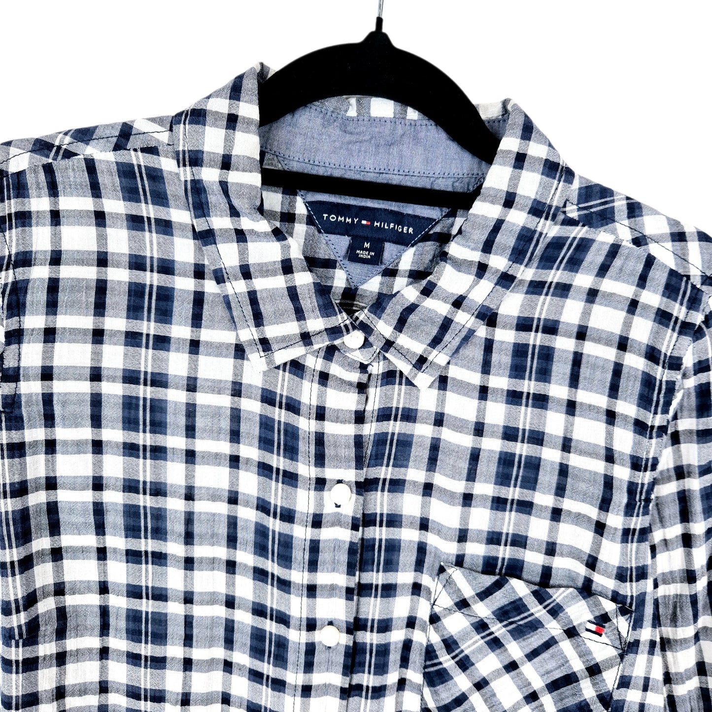 Tommy Hilfiger Womens Blue & White Checkered Linen Button Shirt Size M