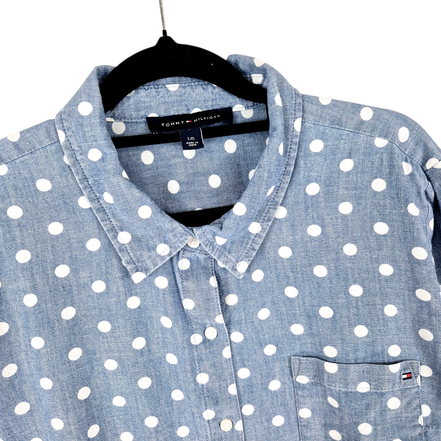 Tommy Hilfiger Womens Chambray Blue Spotted Long Sleeve Button Shirt Size L