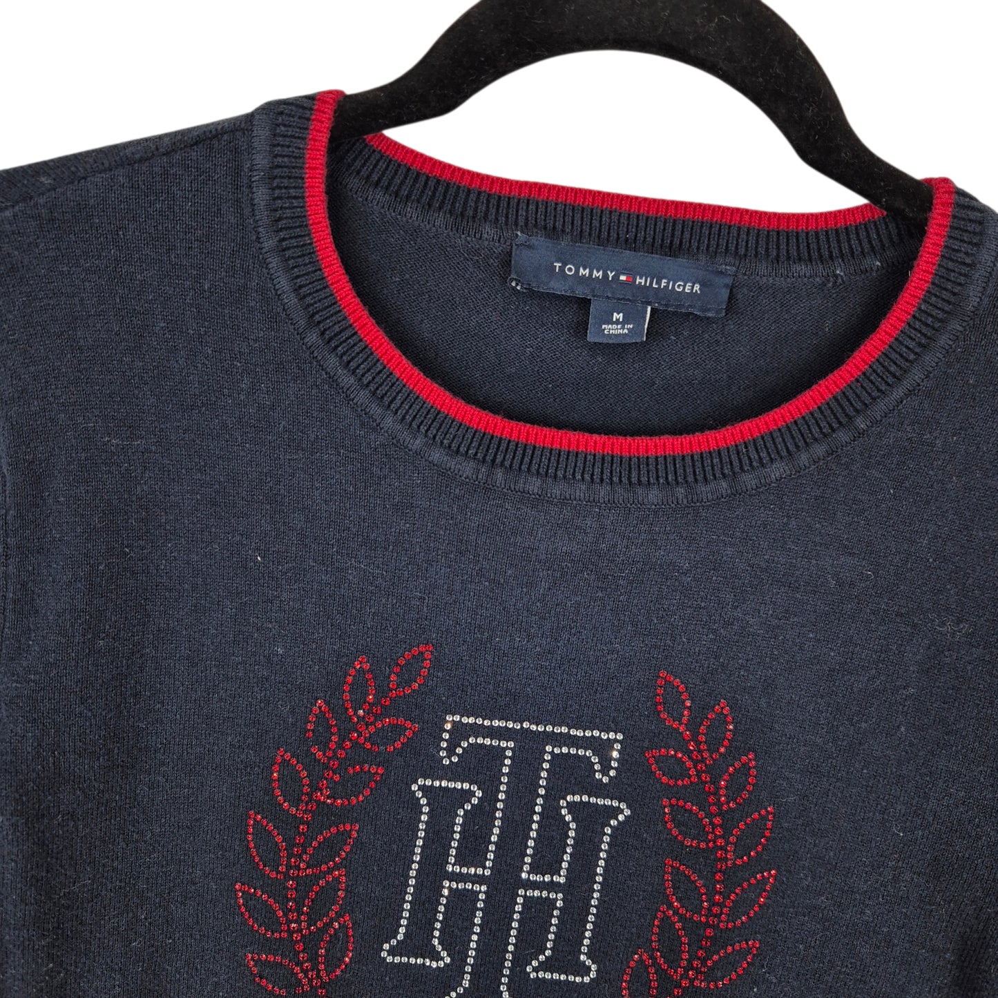 Tommy Hilfiger Womens Dark Blue Diamante Crewneck Knit Sweater Size M