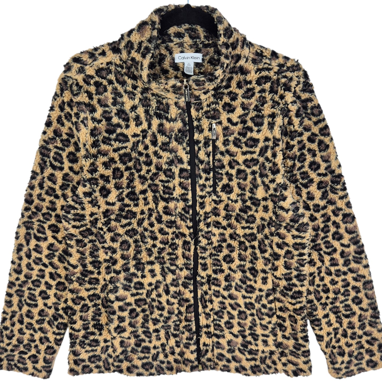 Calvin Klein Womens Brown Leopard Fleece Zip Jumper Size L