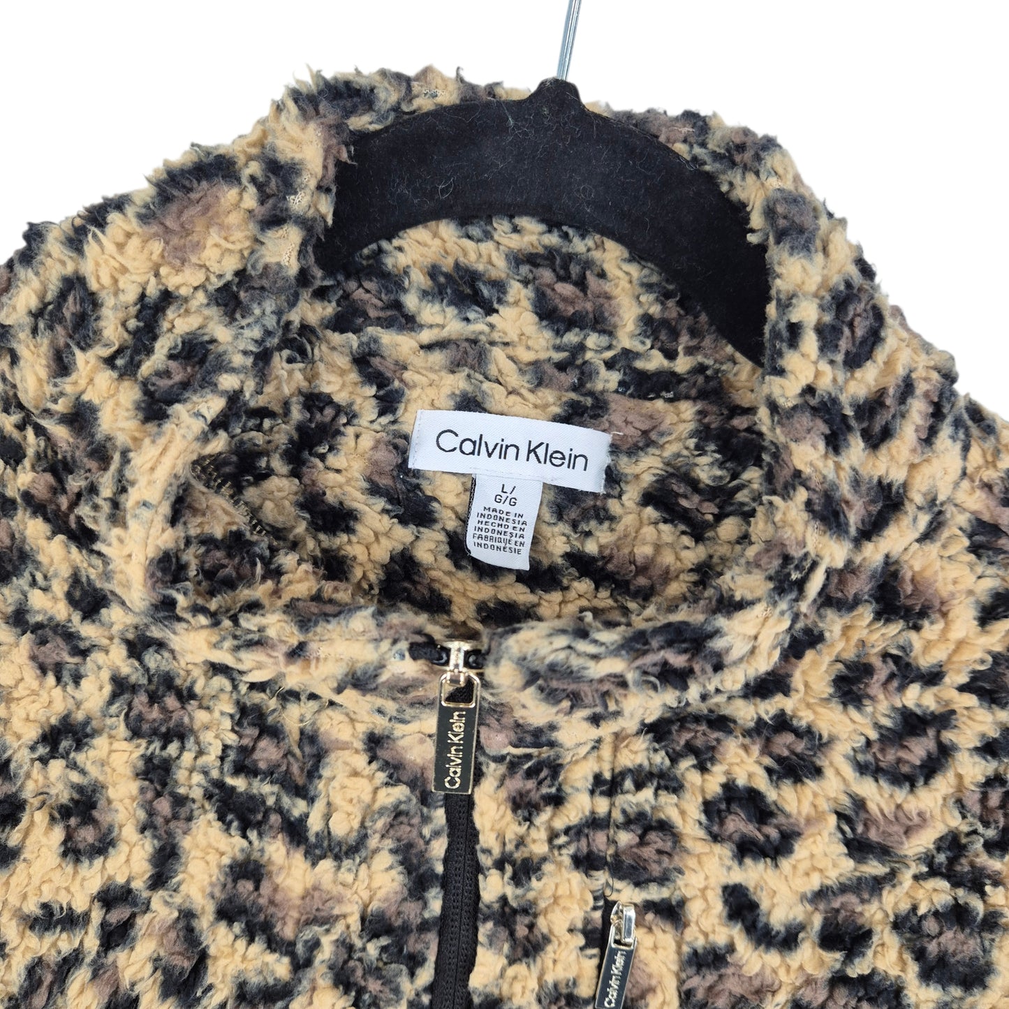 Calvin Klein Womens Brown Leopard Fleece Zip Jumper Size L