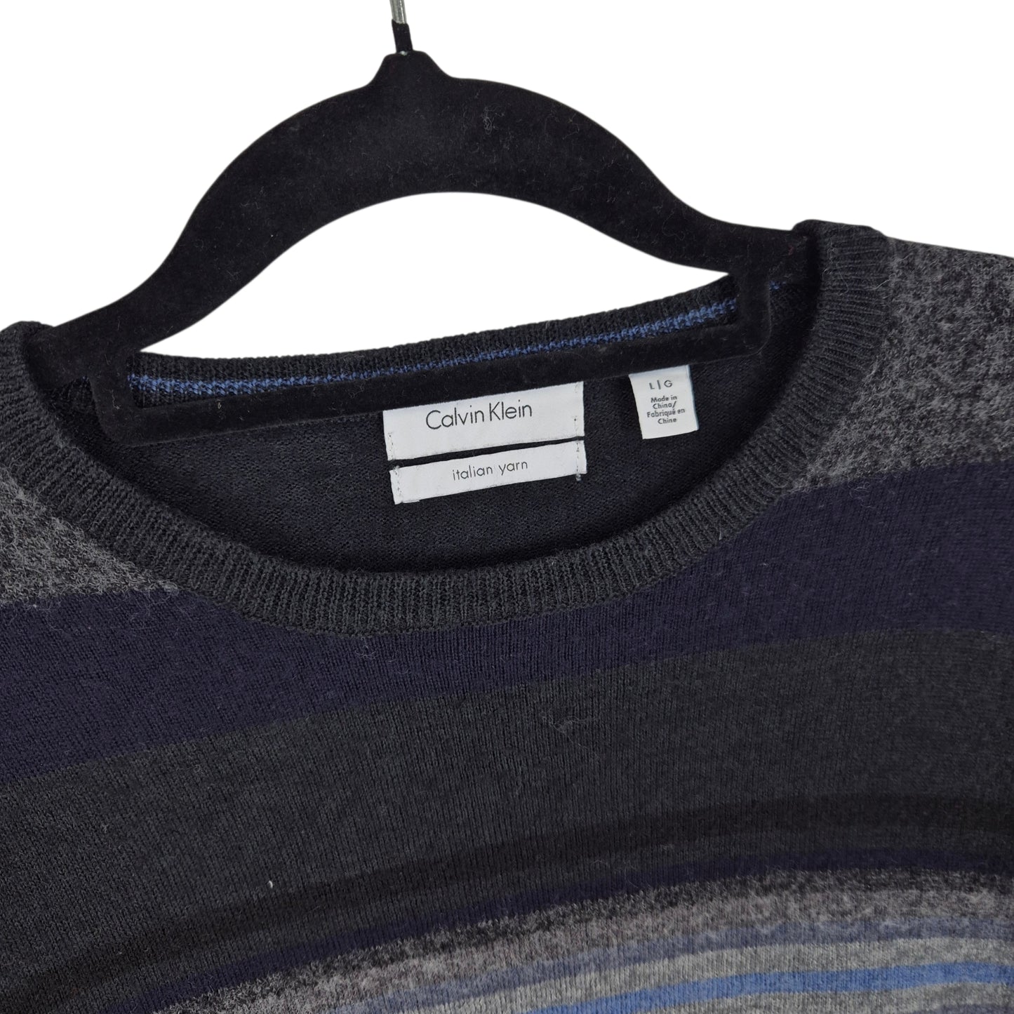 Calvin Klein Black & Grey Striped Merino Wool & Acrylic Knit Sweater Size L