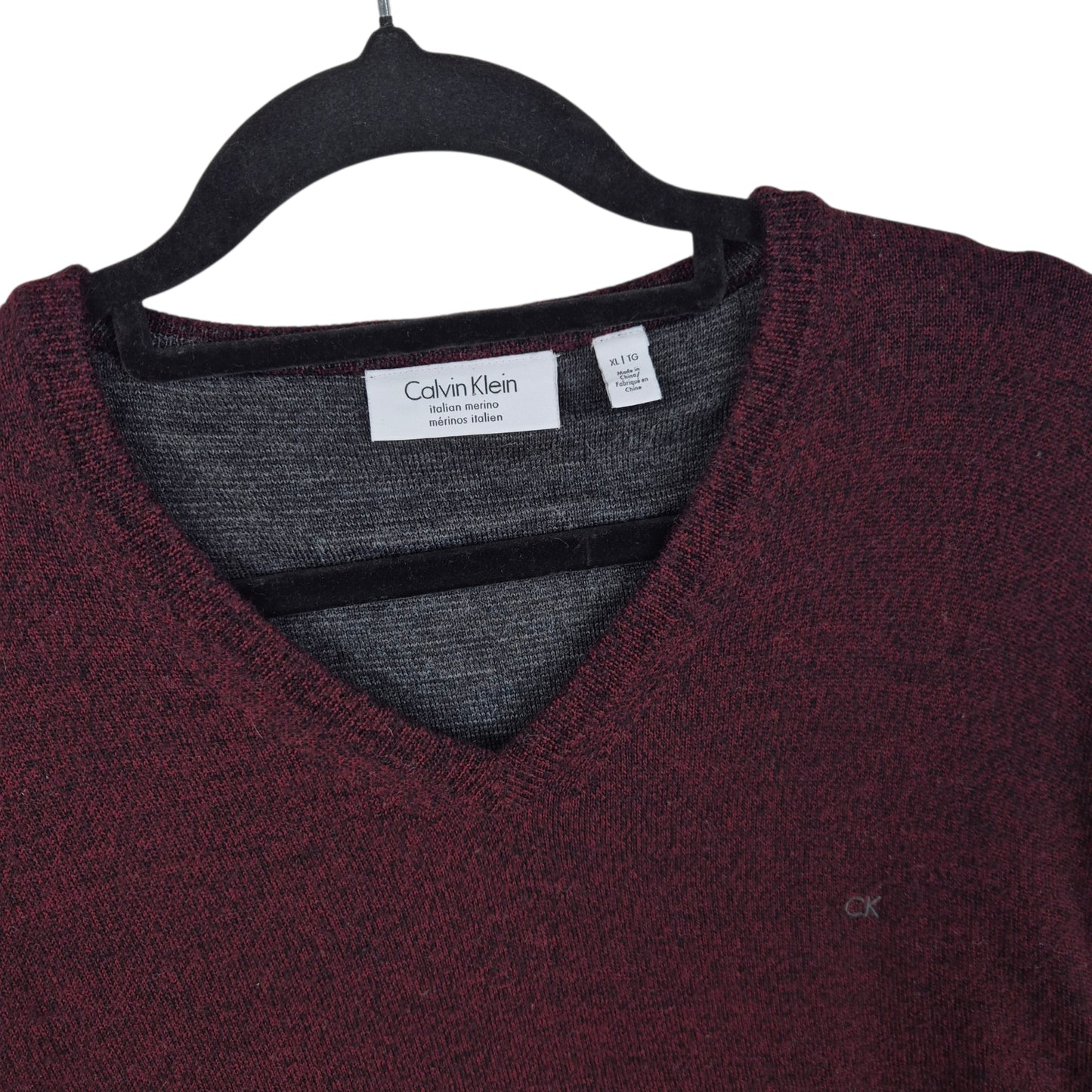 Calvin Klein Burgundy Italian Merino V Neck Knit Sweater Size XL