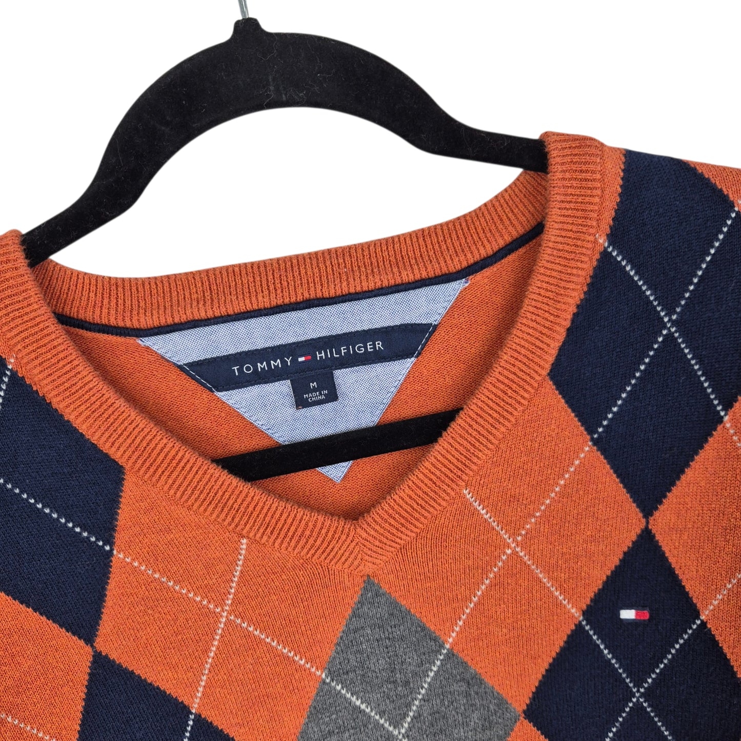 Tommy Hilfiger Orange Diamond V Neck Knit Sweater Size M