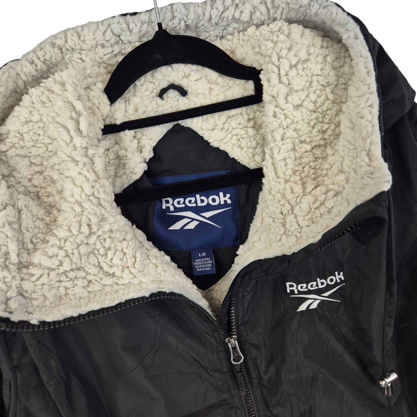 Reebok Womens Black Fleece Insulated Hooded Windbreaker Jacket Size L