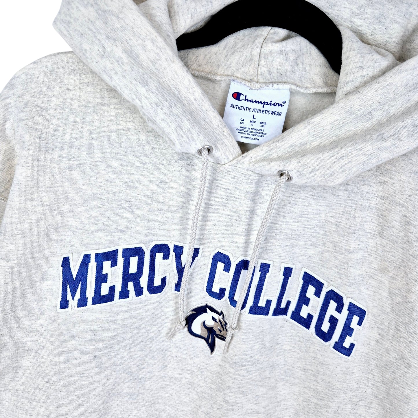 Champion Mercy College Cream Brown Embroidered Hoodie Size L