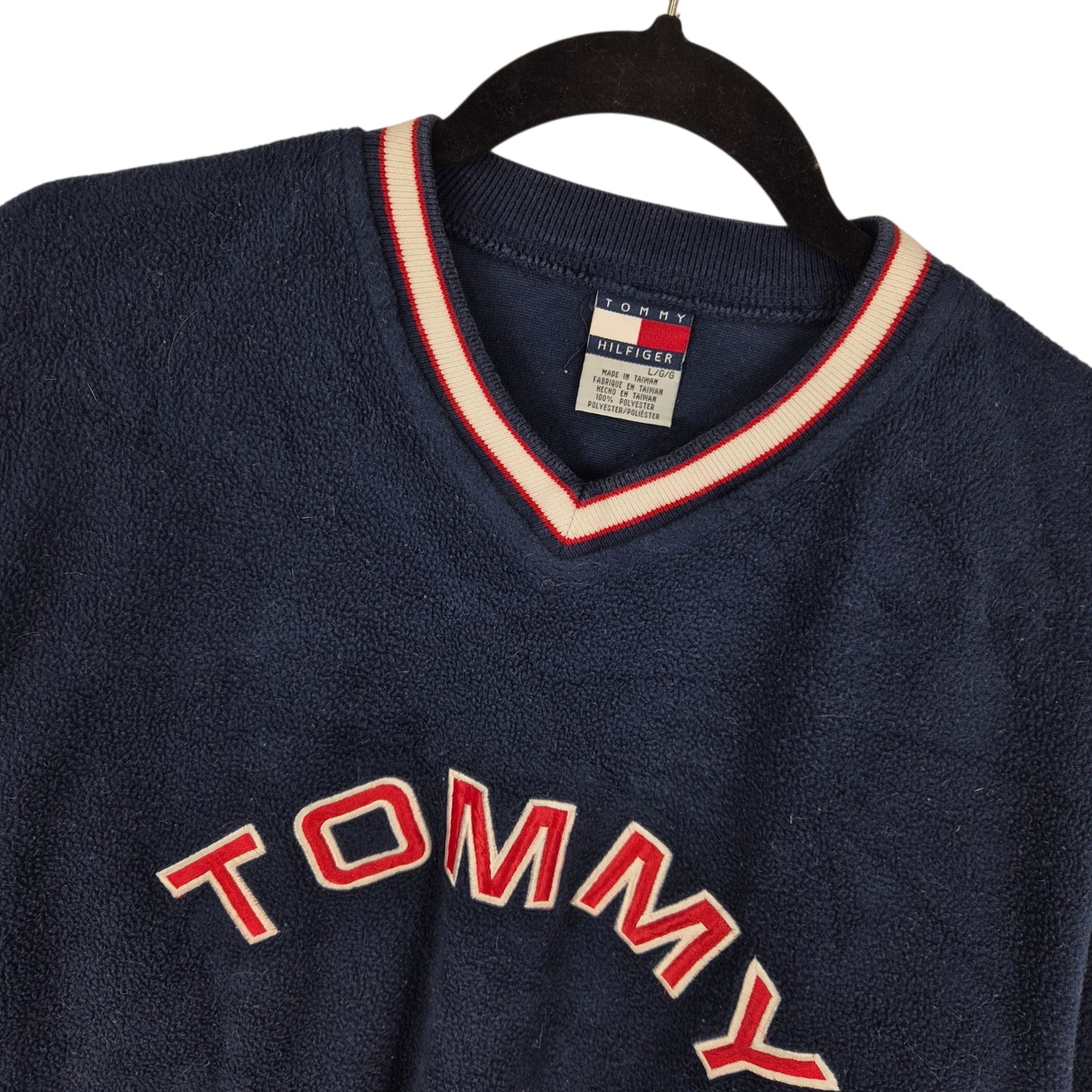 Vintage Tommy Hilfiger 90's Womens Dark Blue Embroidered Fleece Jumper Size L